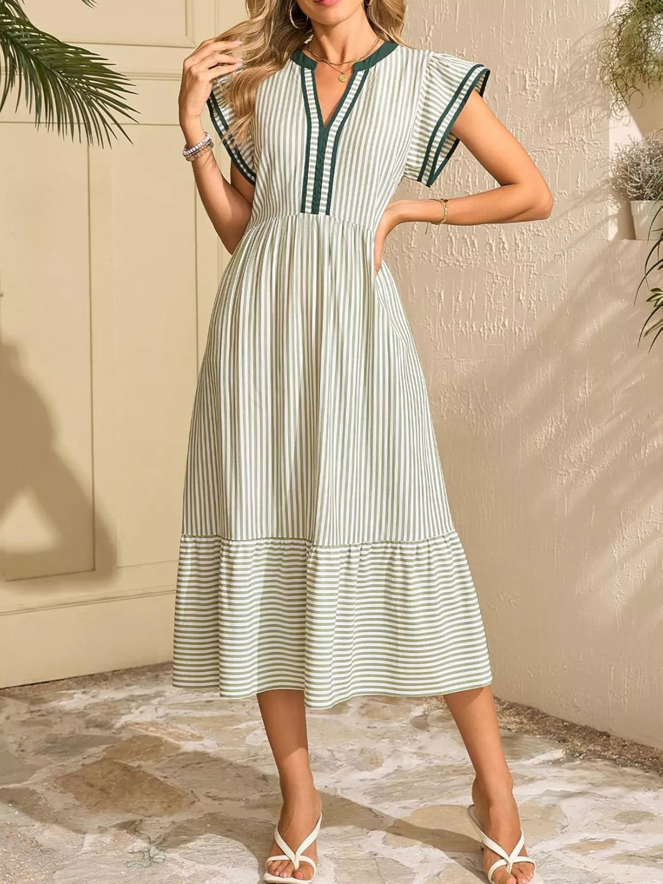 Striped Ruffle Sleeve Midi Dress