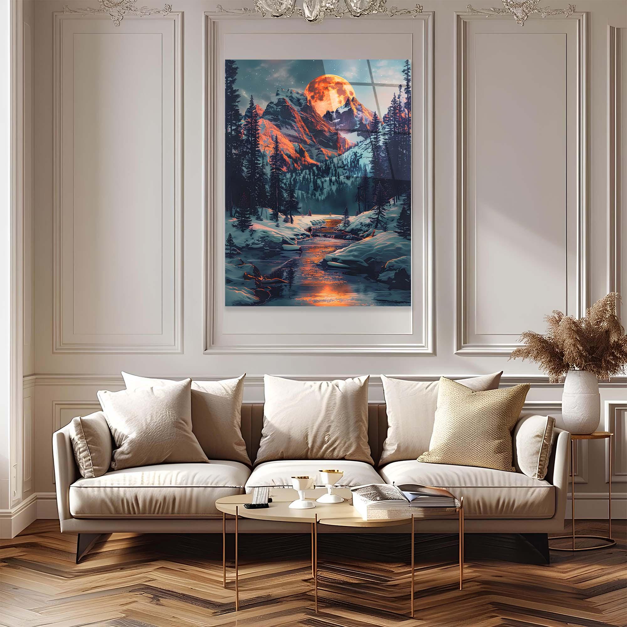 Moonlit Mountain Tempered Glass Wall Art | Winter Landscape Decor
