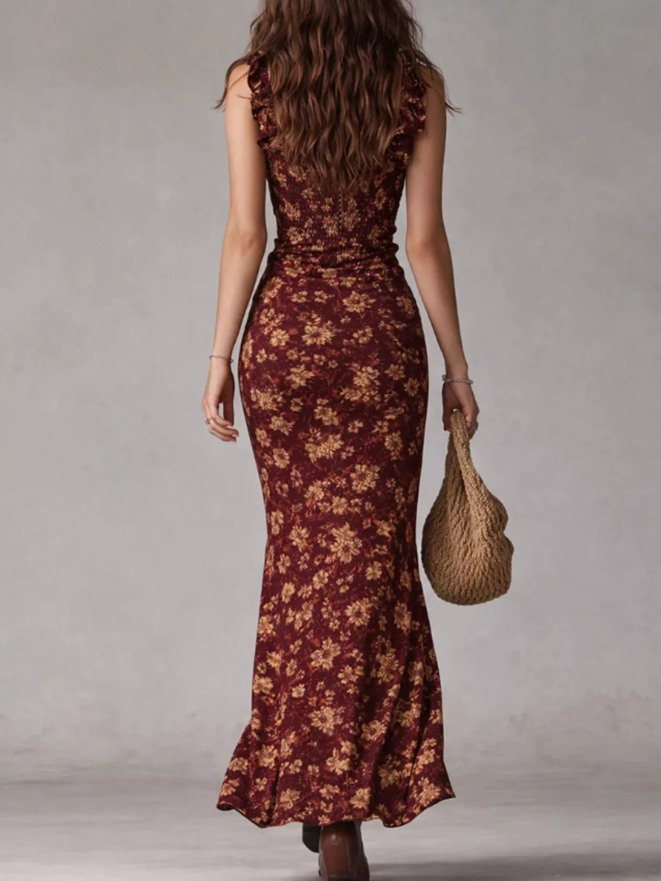 Floral Ruched Slit Maxi Dress