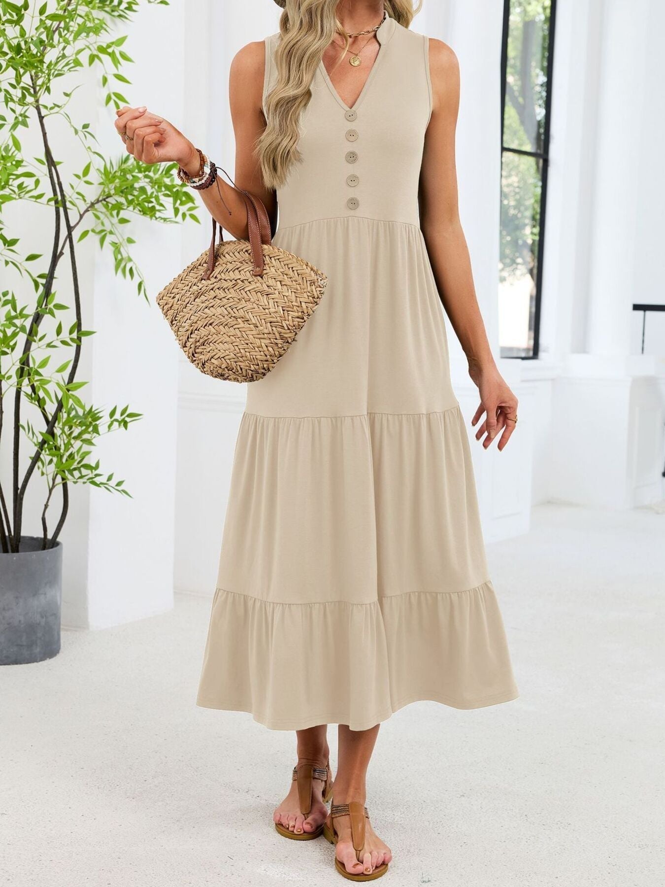 Sleeveless Notched Tiered Midi Dress