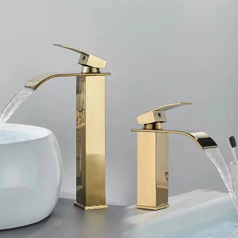 Brushed Gold Waterfall Bathroom Faucet - Single Lever Deck-Mount Basin Mixer, Single Hole, Stainless Steel Ceramic Valve