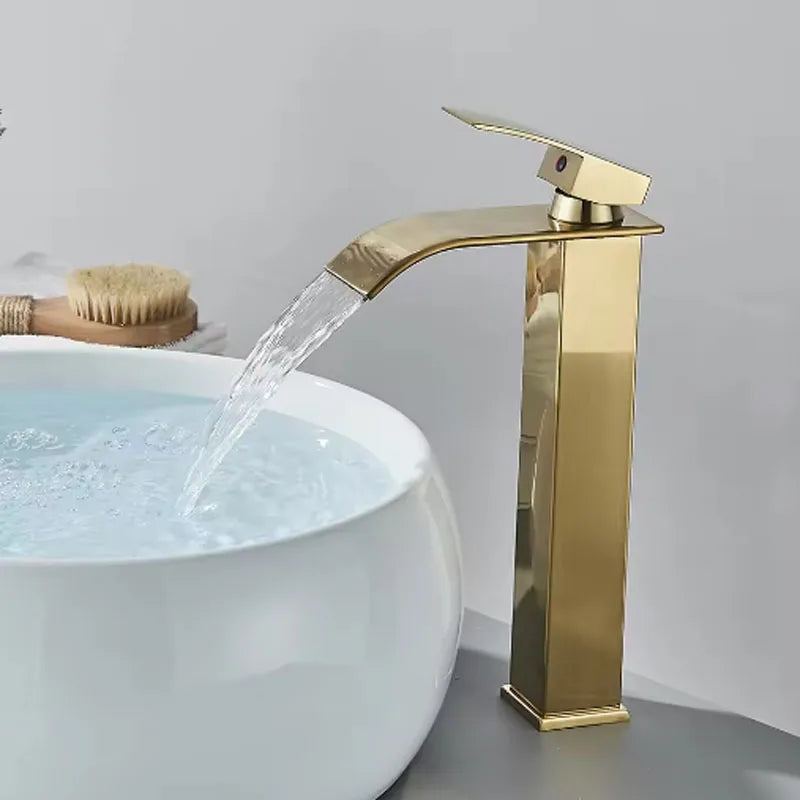 Brushed Gold Waterfall Bathroom Faucet - Single Lever Deck-Mount Basin Mixer, Single Hole, Stainless Steel Ceramic Valve