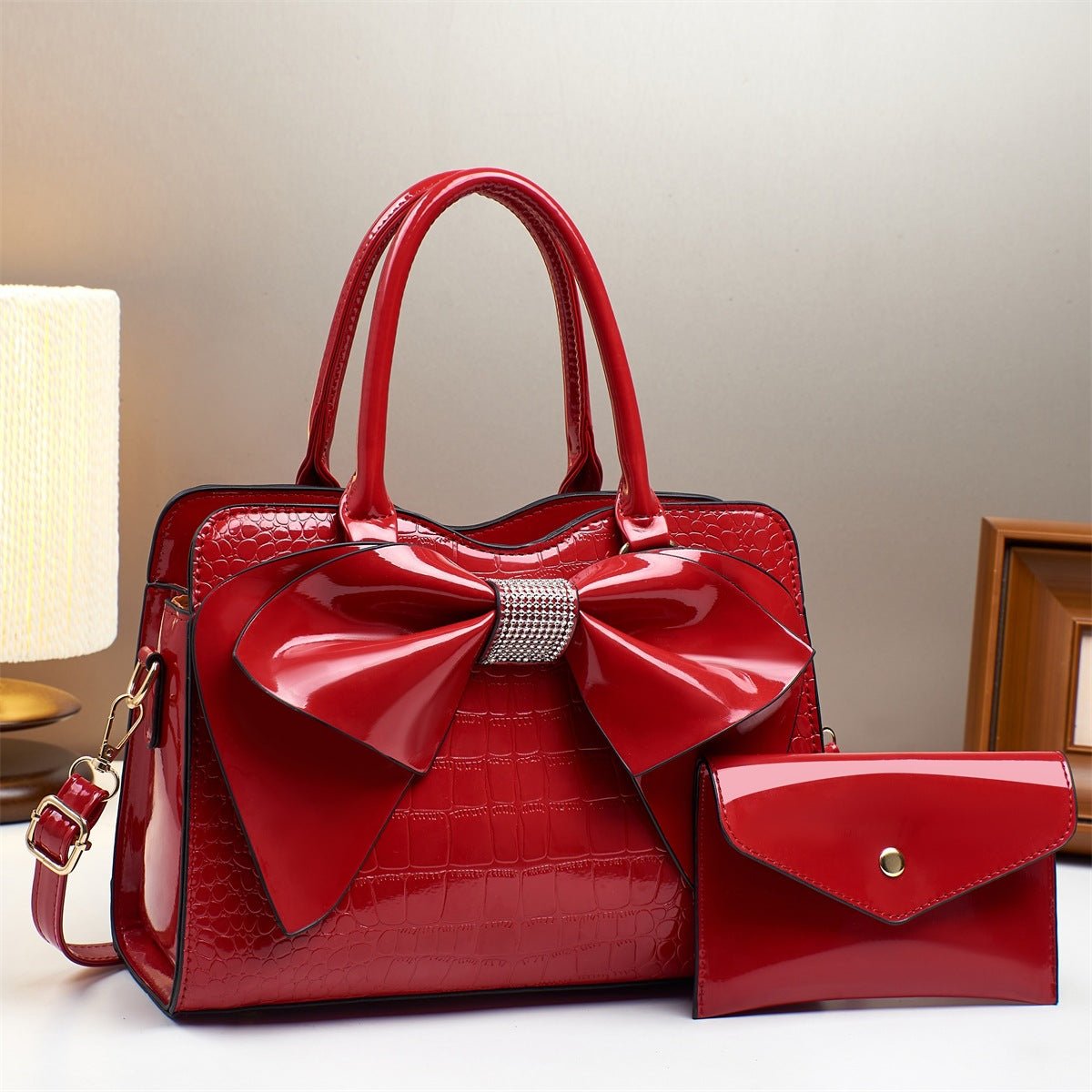 Fashionable Crocodile-Print Bow Bucket Bag Patent Leather Glossy Crossbody Bag - Overture Gifts