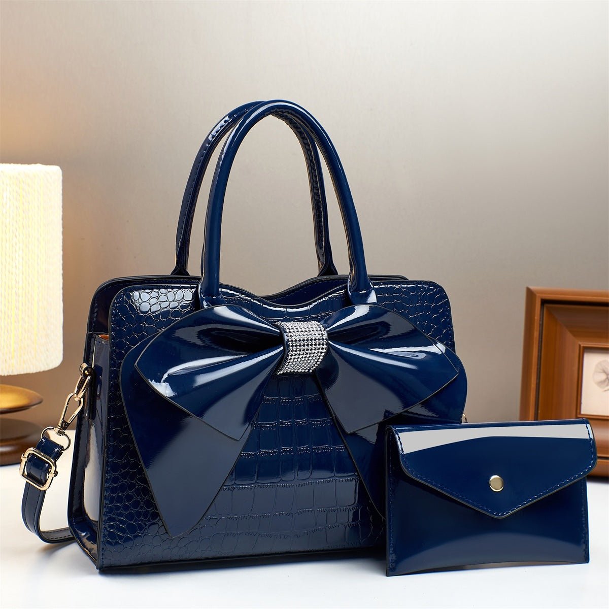 Fashionable Crocodile-Print Bow Bucket Bag Patent Leather Glossy Crossbody Bag - Overture Gifts
