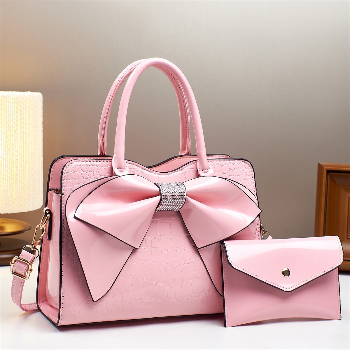 Fashionable Crocodile-Print Bow Bucket Bag Patent Leather Glossy Crossbody Bag - Overture Gifts