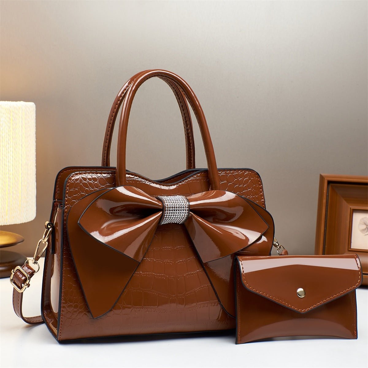 Fashionable Crocodile-Print Bow Bucket Bag Patent Leather Glossy Crossbody Bag - Overture Gifts