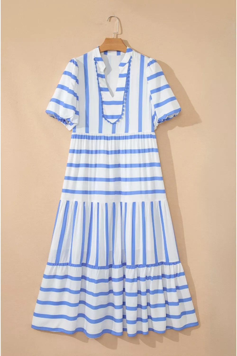 Stripe Ricrac Trim Notched Neck Half Sleeve Vacation Dress