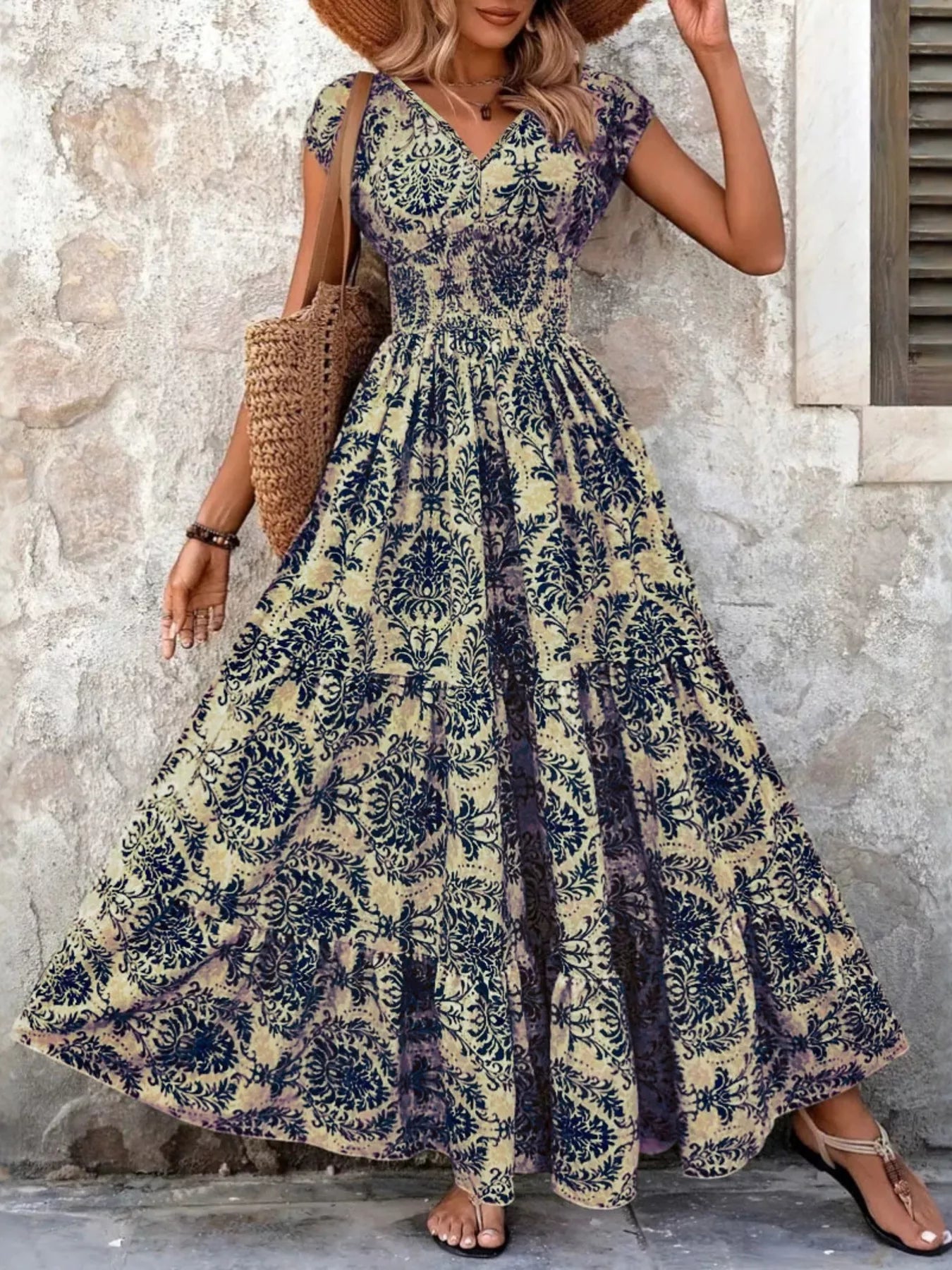 Full Size Printed V-Neck Tiered Maxi Dress Plus Size