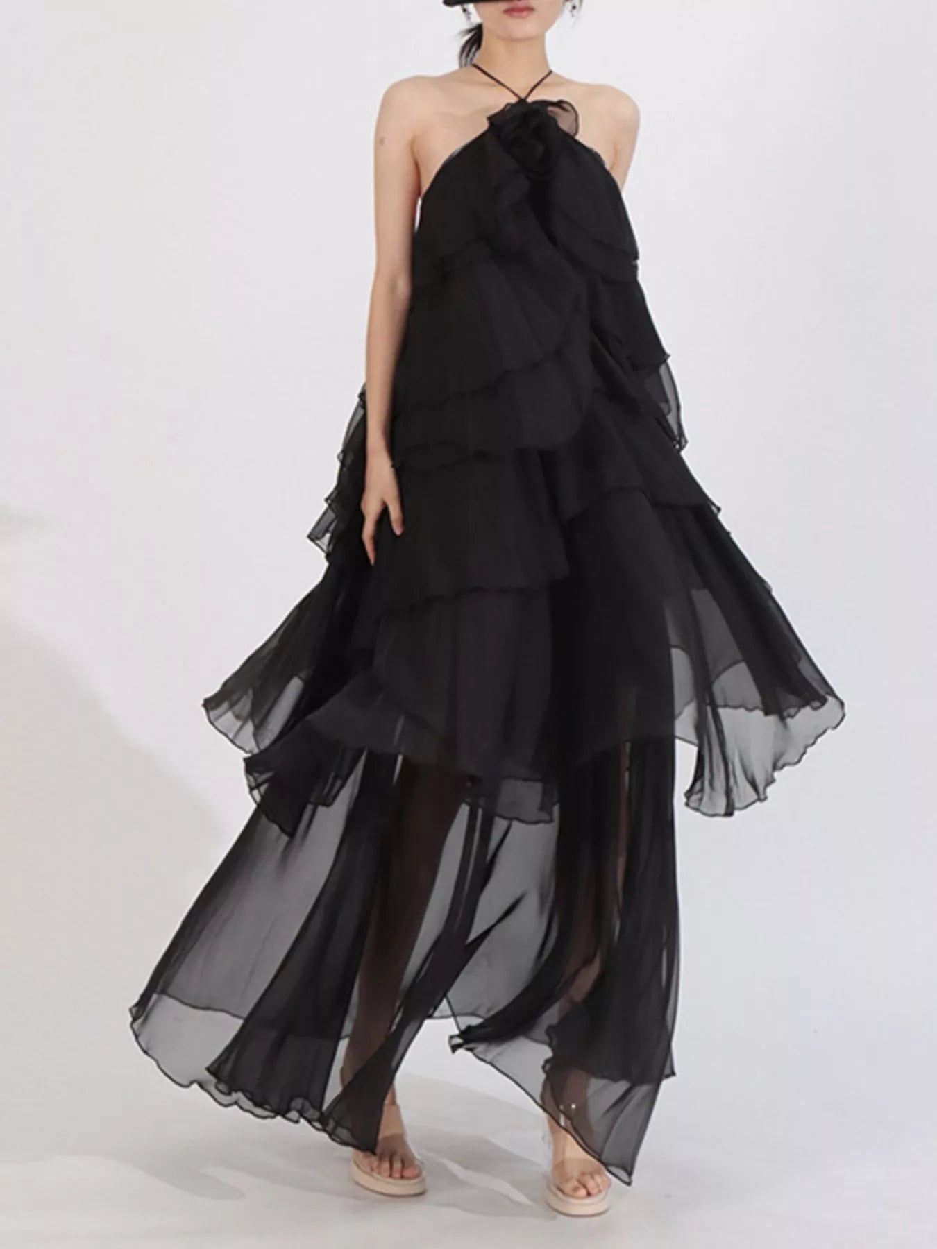 Ruffled Chiffon Halter Neck Maxi Dress