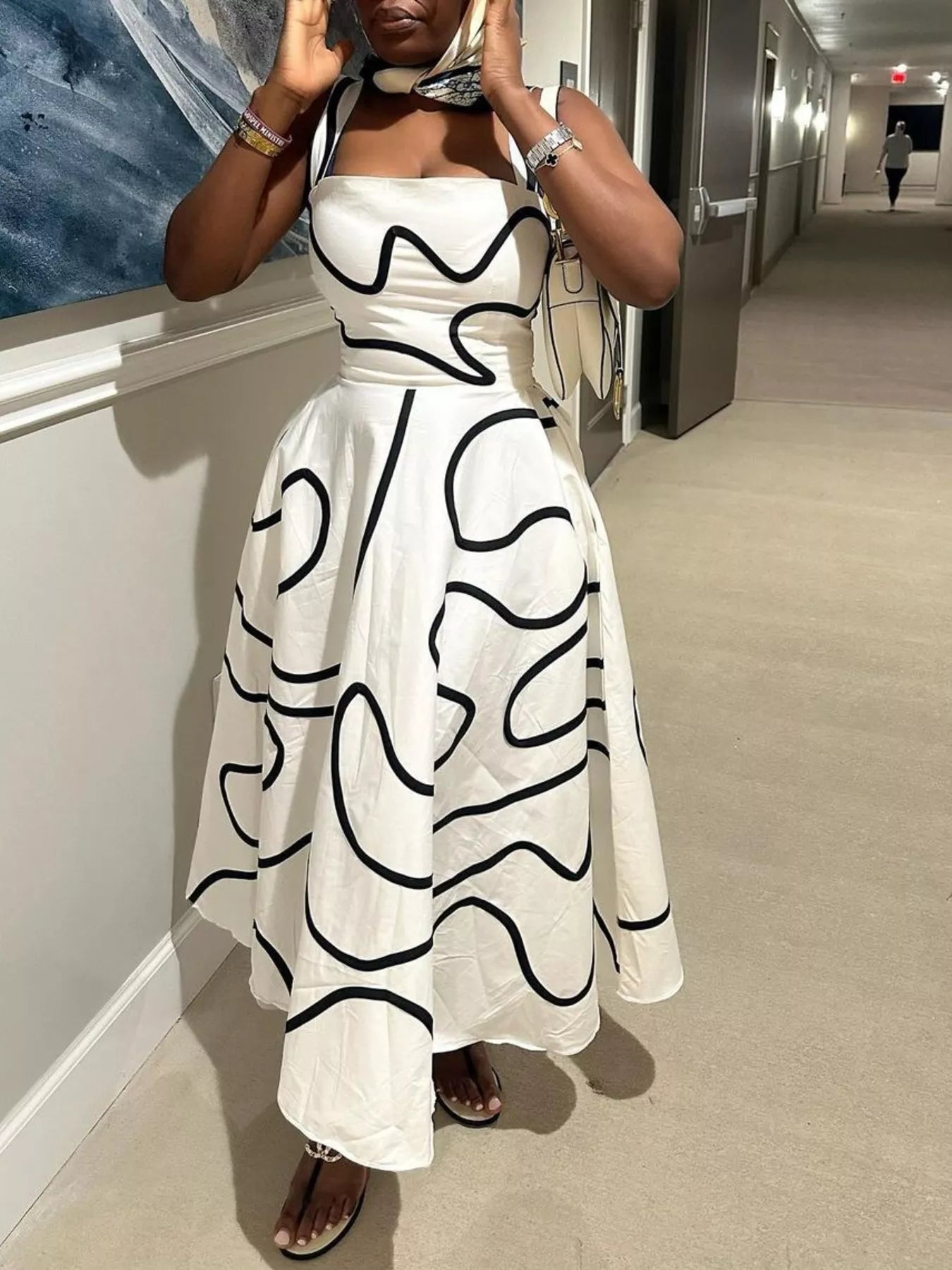 Abstract Print Square Neck Midi Dress