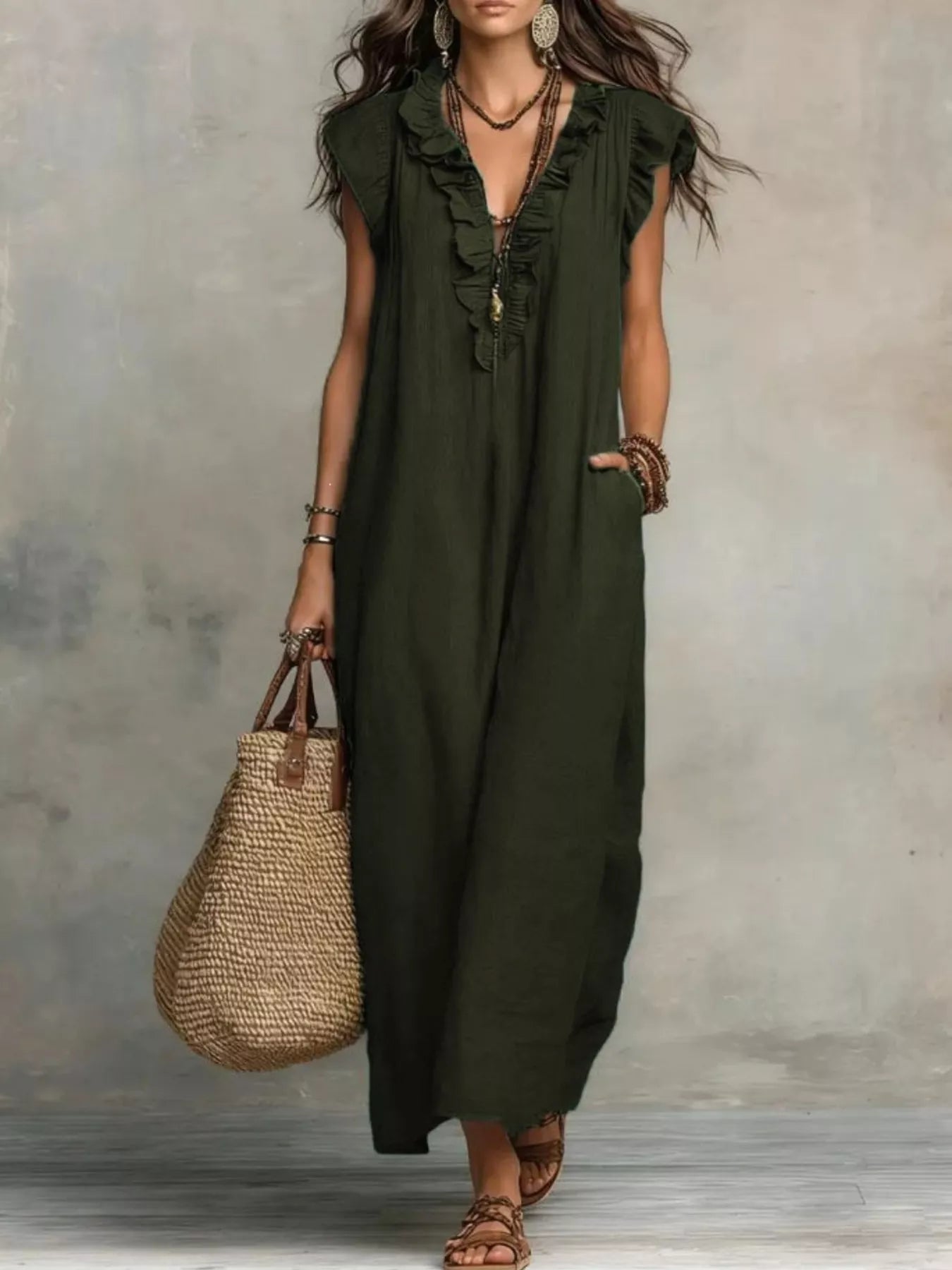 Ruffled V-Neck Maxi Dress