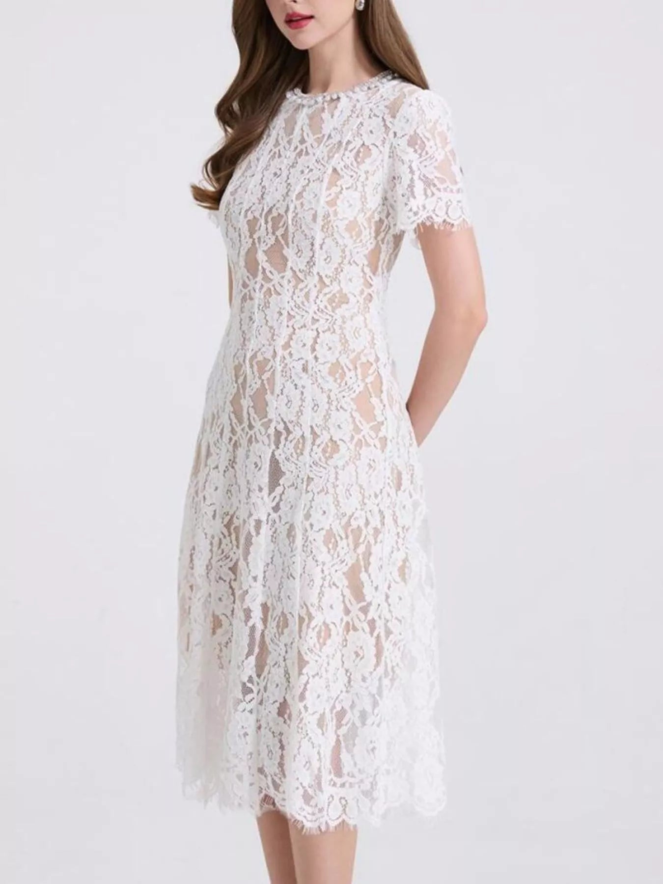 Lace Pearl Neckline Midi Dress