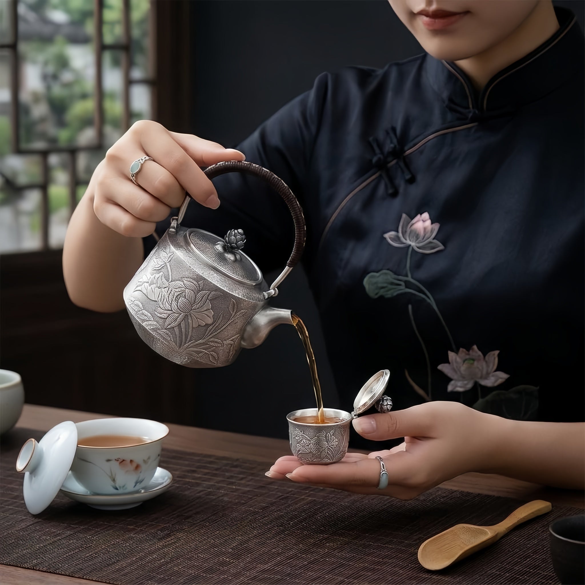 Pure 999 Fine Silver Elegant Teapot with Handcrafted Floral Engraving, Hammered Texture, and Lotus Lid-Fine Teapot with Handle - Handicraft
