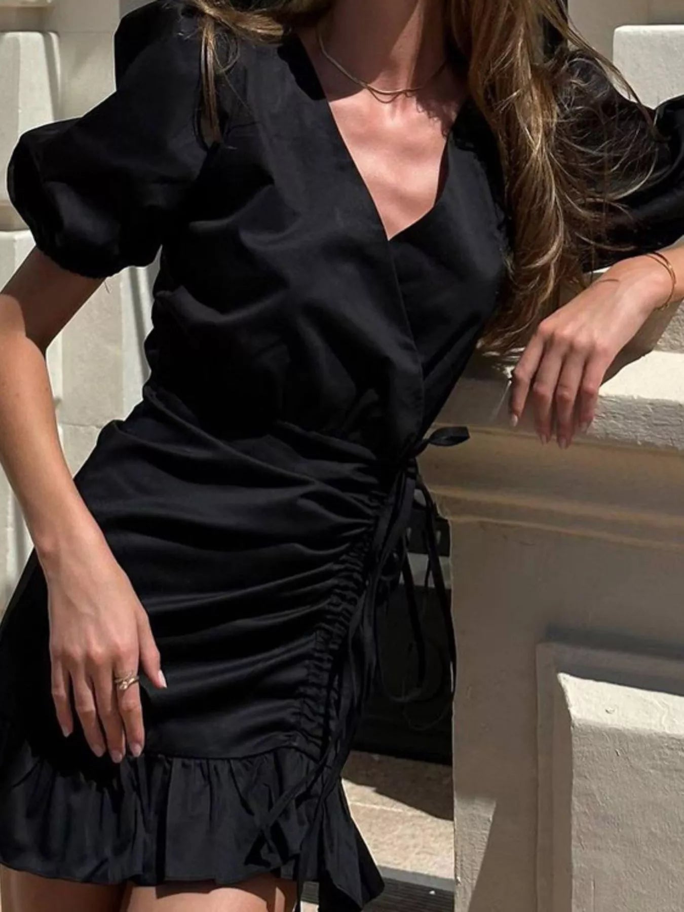 Ruffled Hem Ruched Puff Sleeve Mini Dress