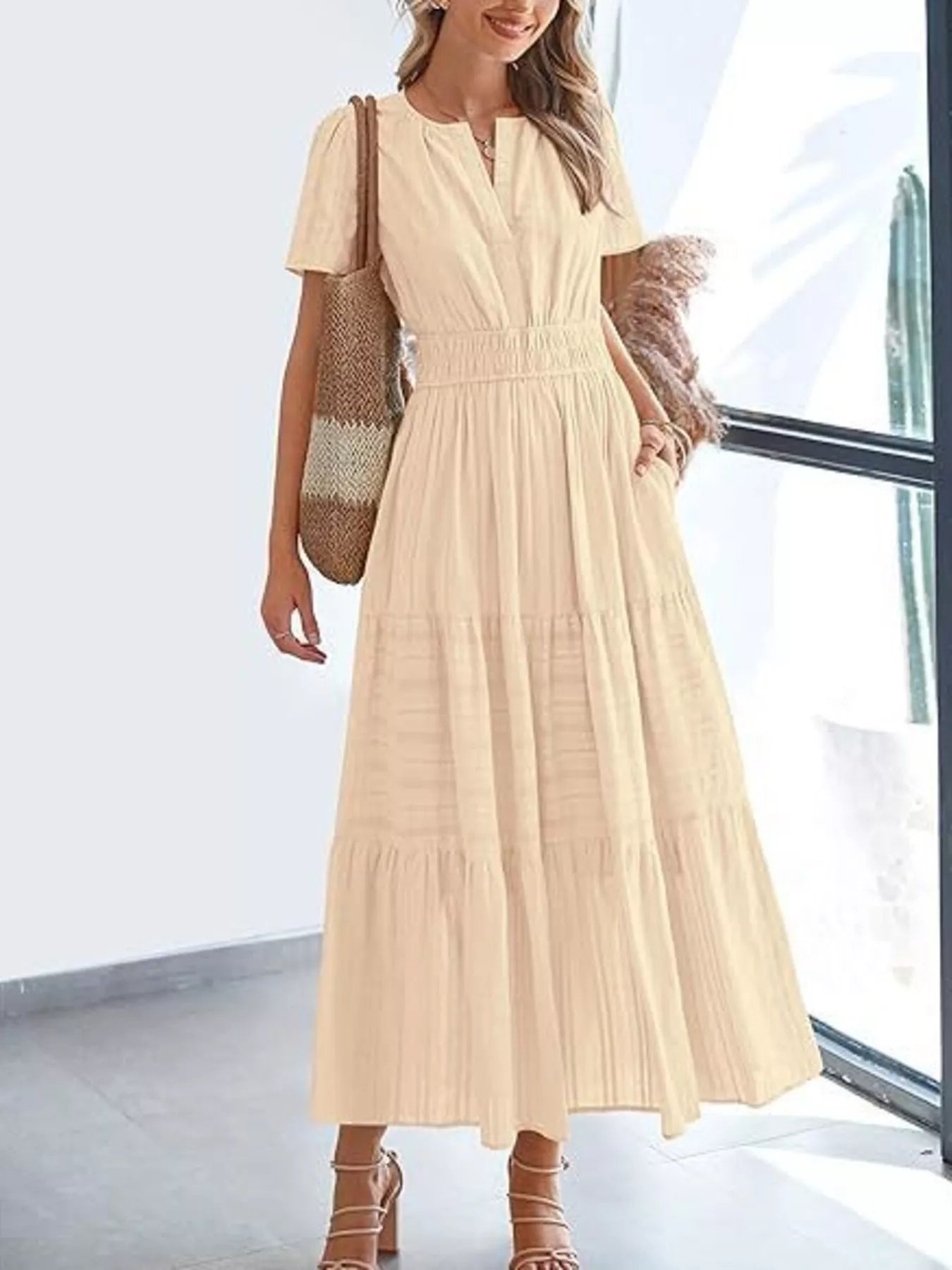 Full Size Short Sleeve Tiered Midi Dress Plus Size