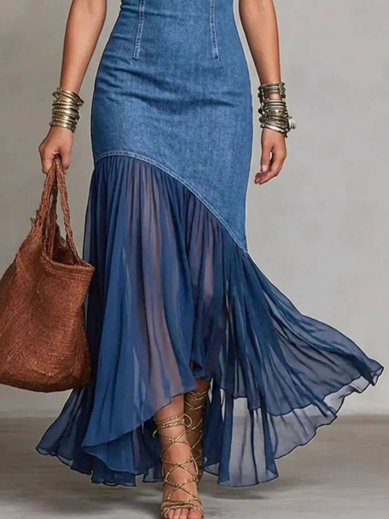 Mock Neck Cold Shoulder Ruffle Hem Maxi Dress