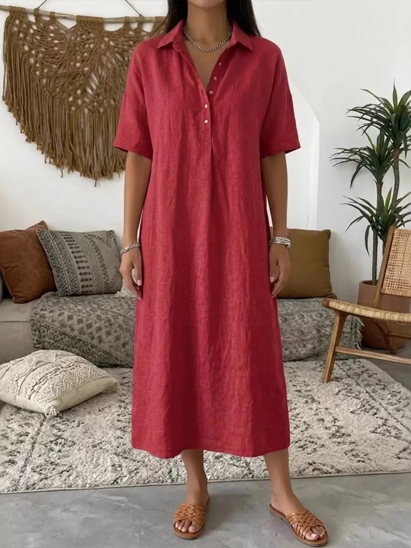 Full Size Button Detail Half Sleeve Dress Plus Size