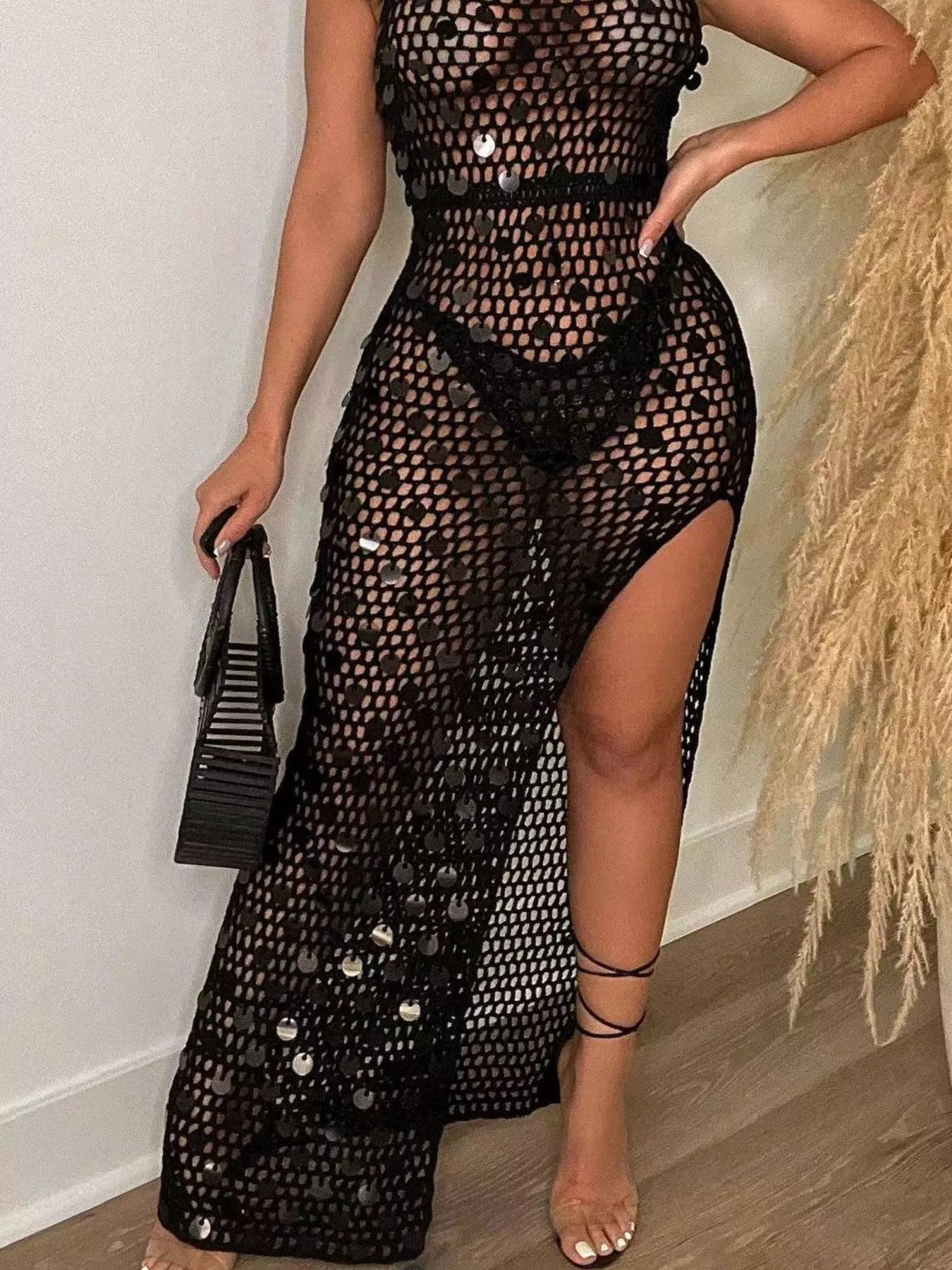 Sequin Embellished Crochet Maxi Dress with High Slit