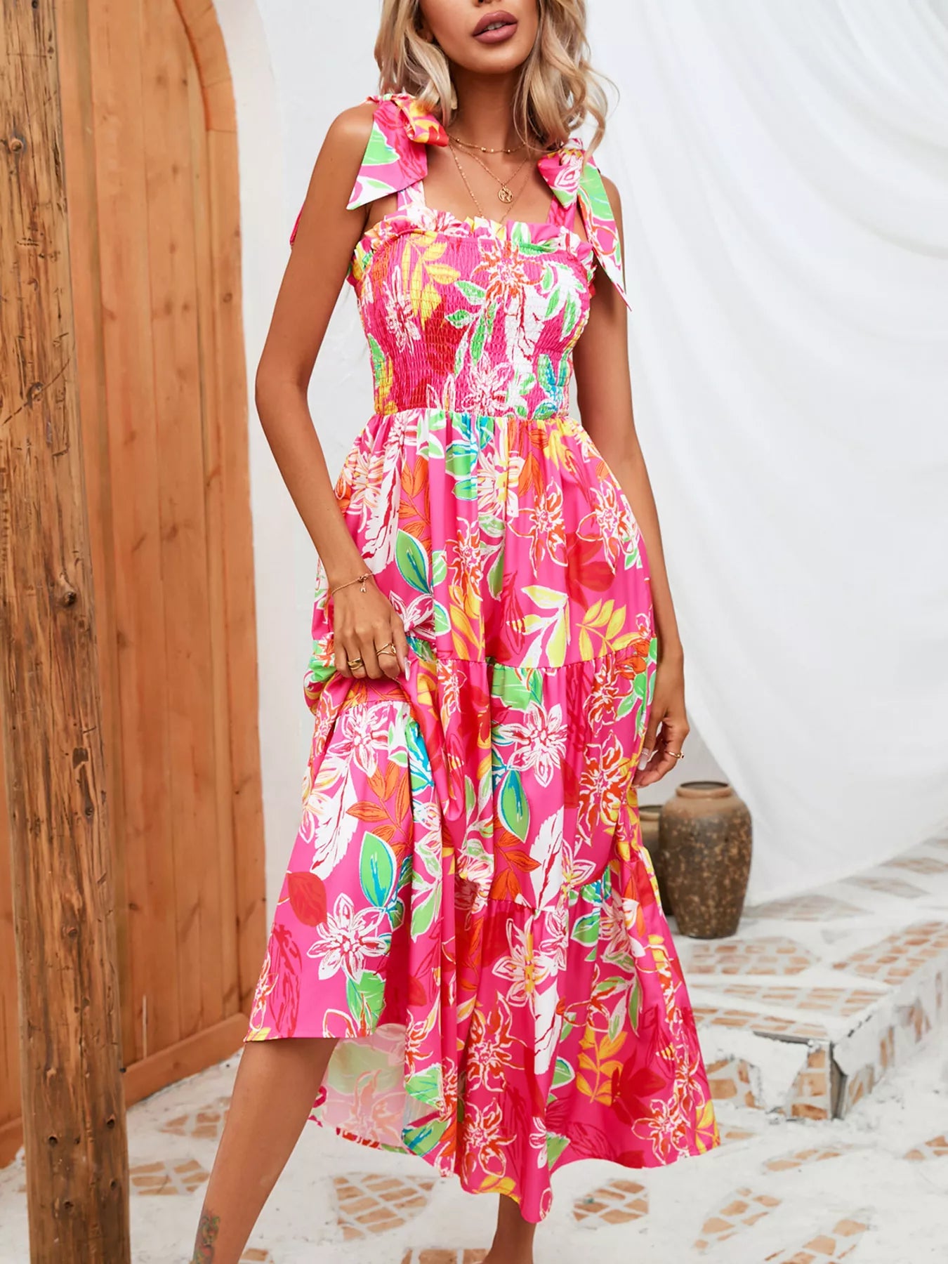 Tropical Print Smocked Tie-Strap Dress