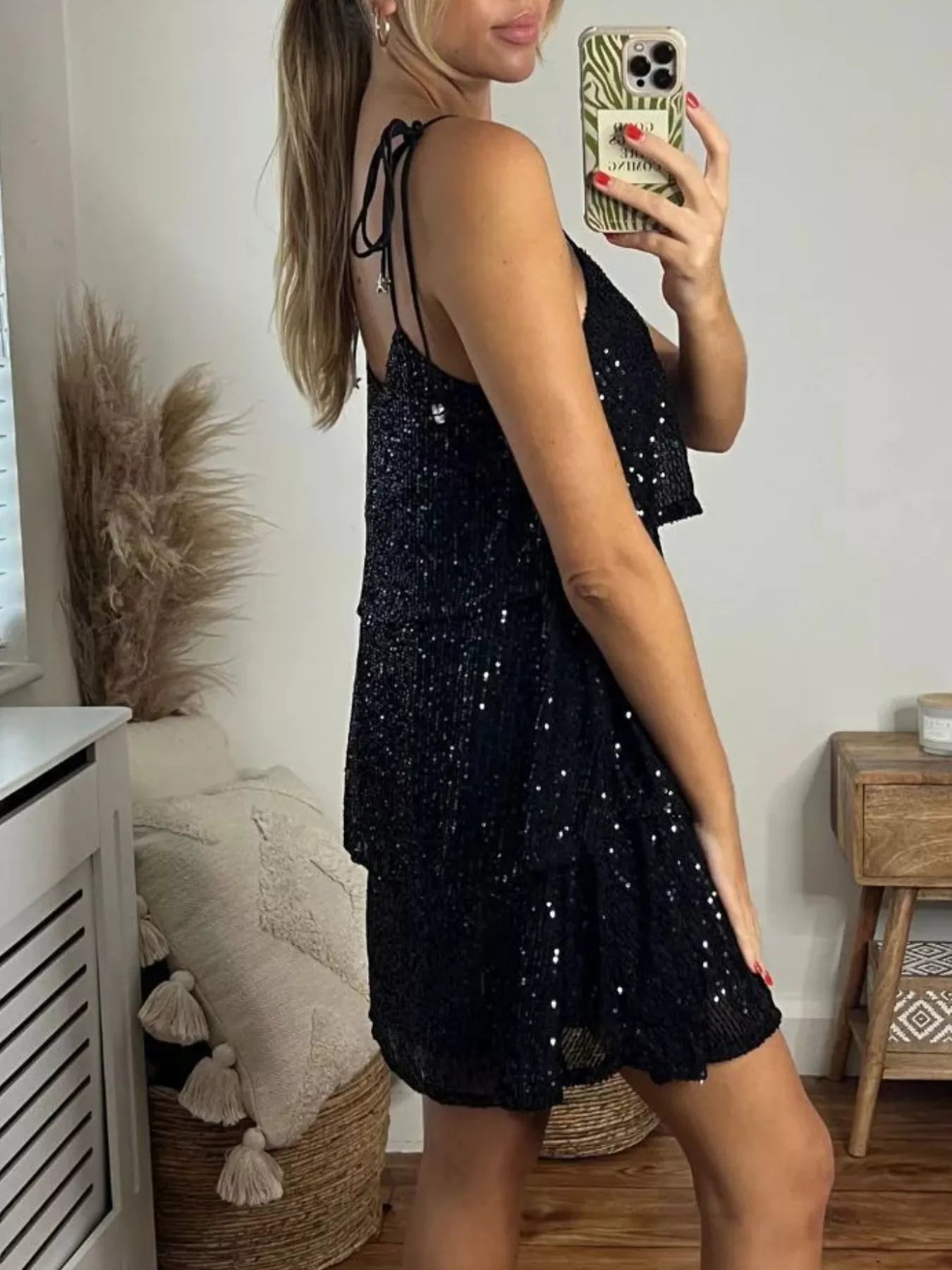 Full Size Sequin Tie Shoulder Mini Dress Plus Size