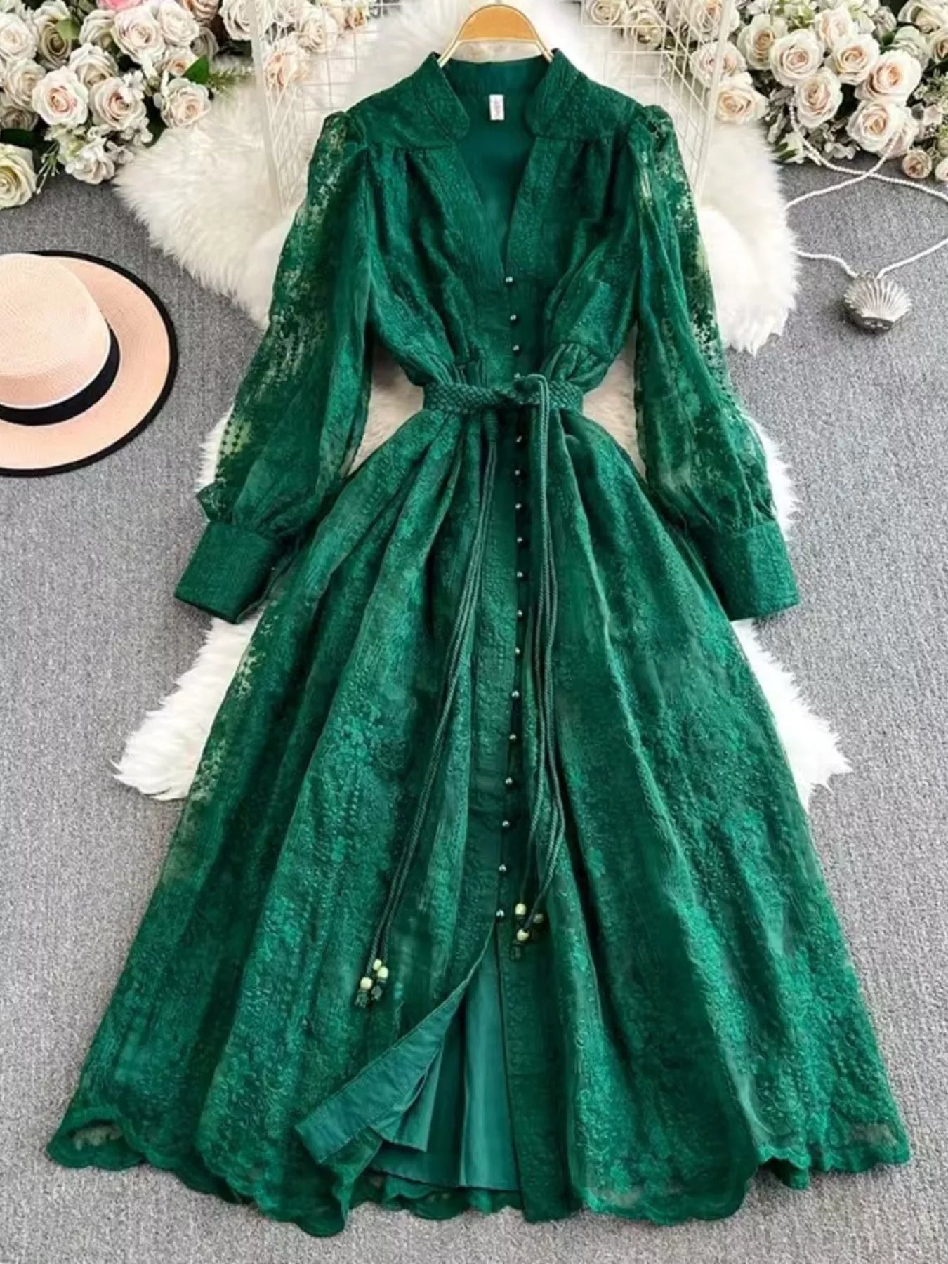 Lace Tie Waist Long Sleeve Dress