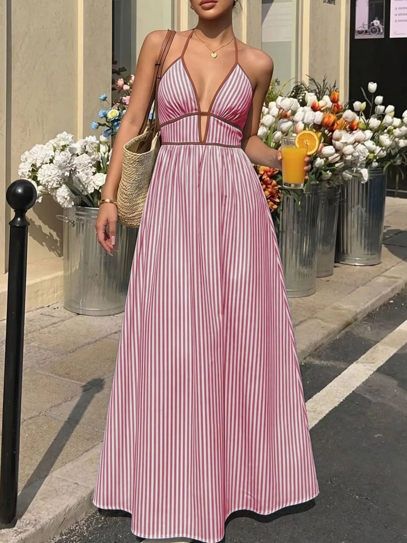 Striped Halter Neck Maxi Dress