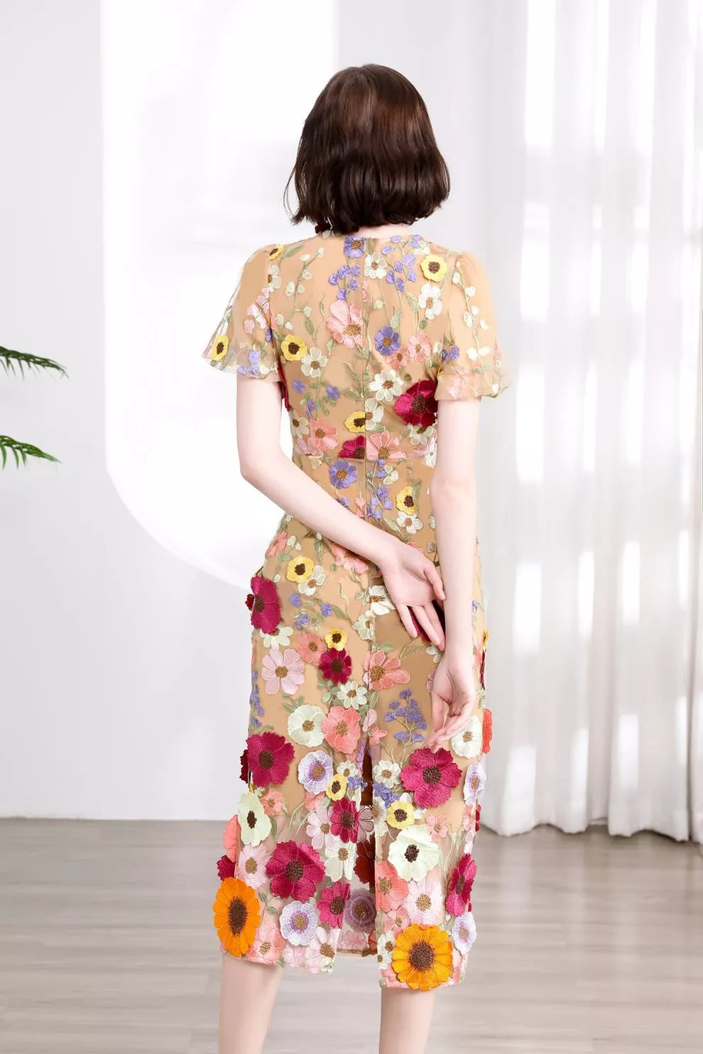 Floral Embroidered Puff Sleeve Midi Dress