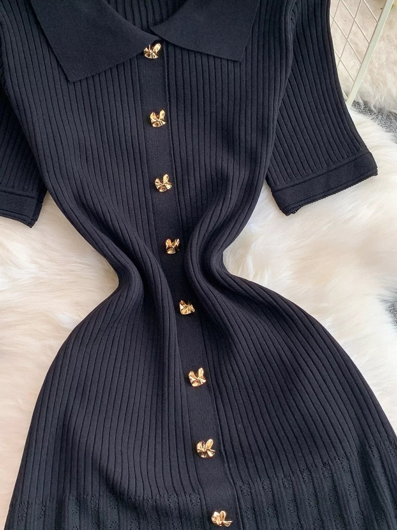 Button Front Ribbed Knit Midi Dress
