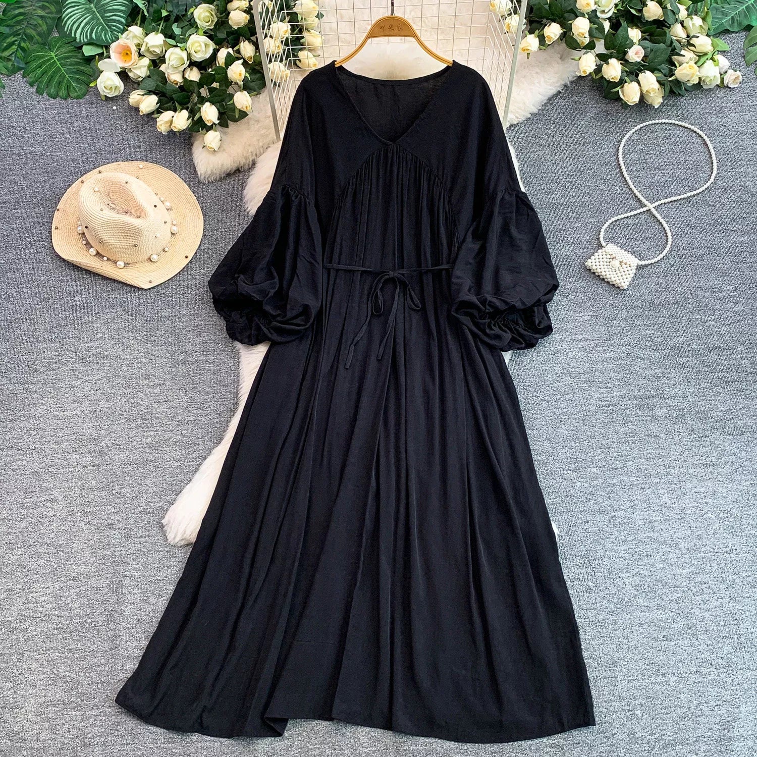 Balloon Sleeve Tie-Waist Dress