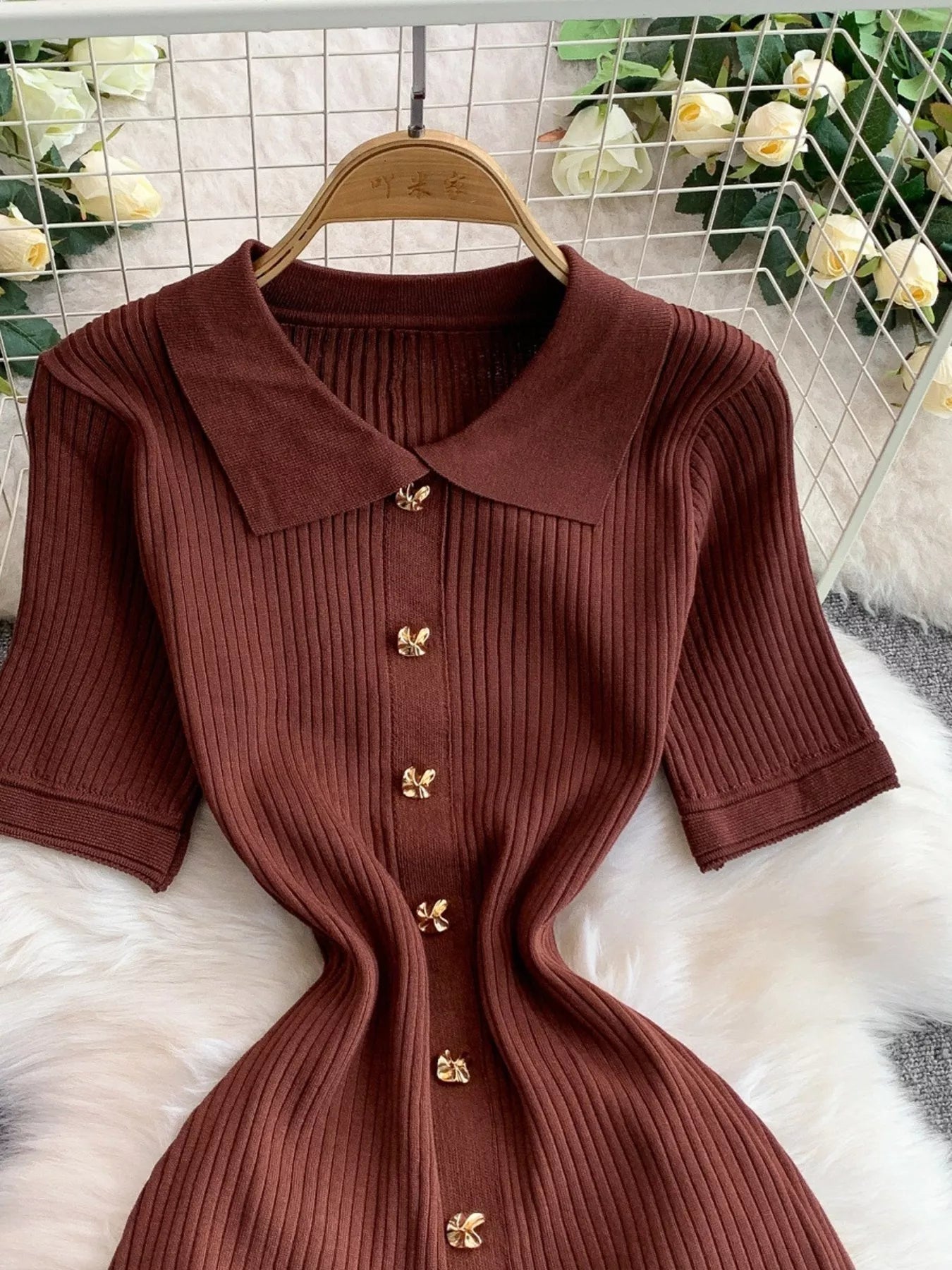 Button Front Ribbed Knit Midi Dress