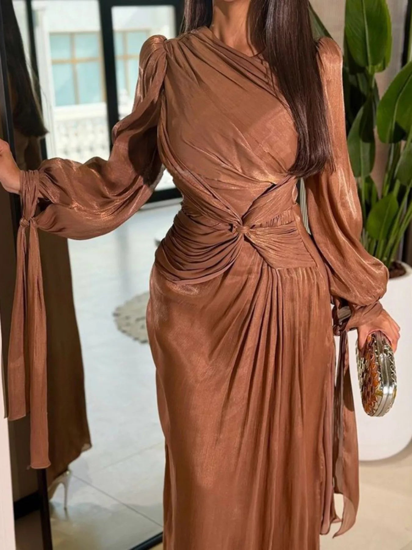 Front Twisted Draped Long Sleeve Maxi Dress