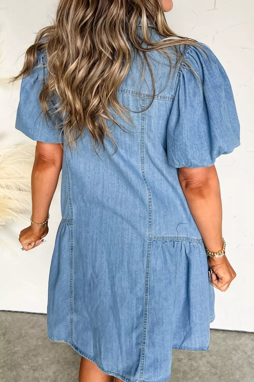 Button Down Short Puff Sleeve Ruffle Hem Denim Dress