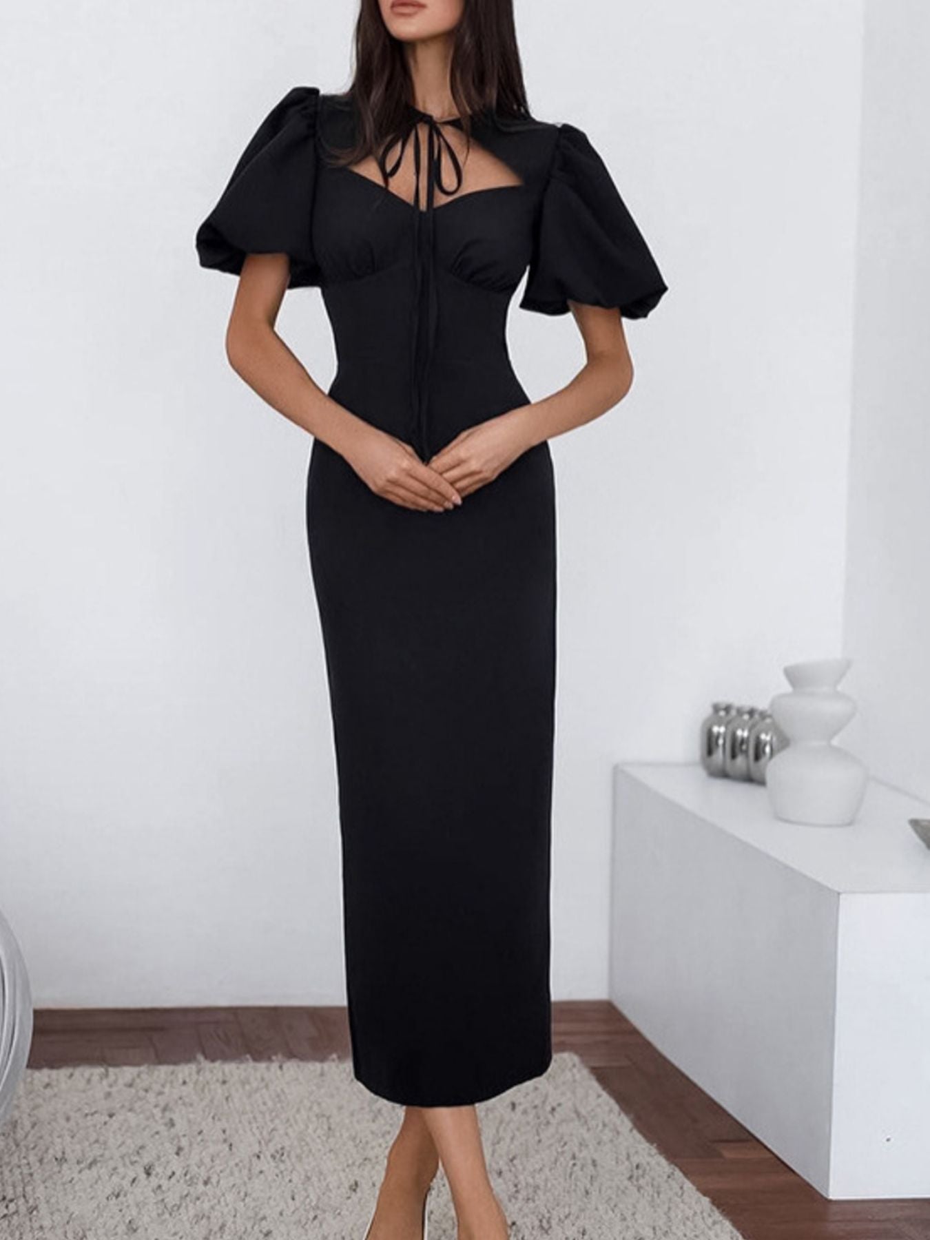 Cutout Front Puff Sleeve Dress