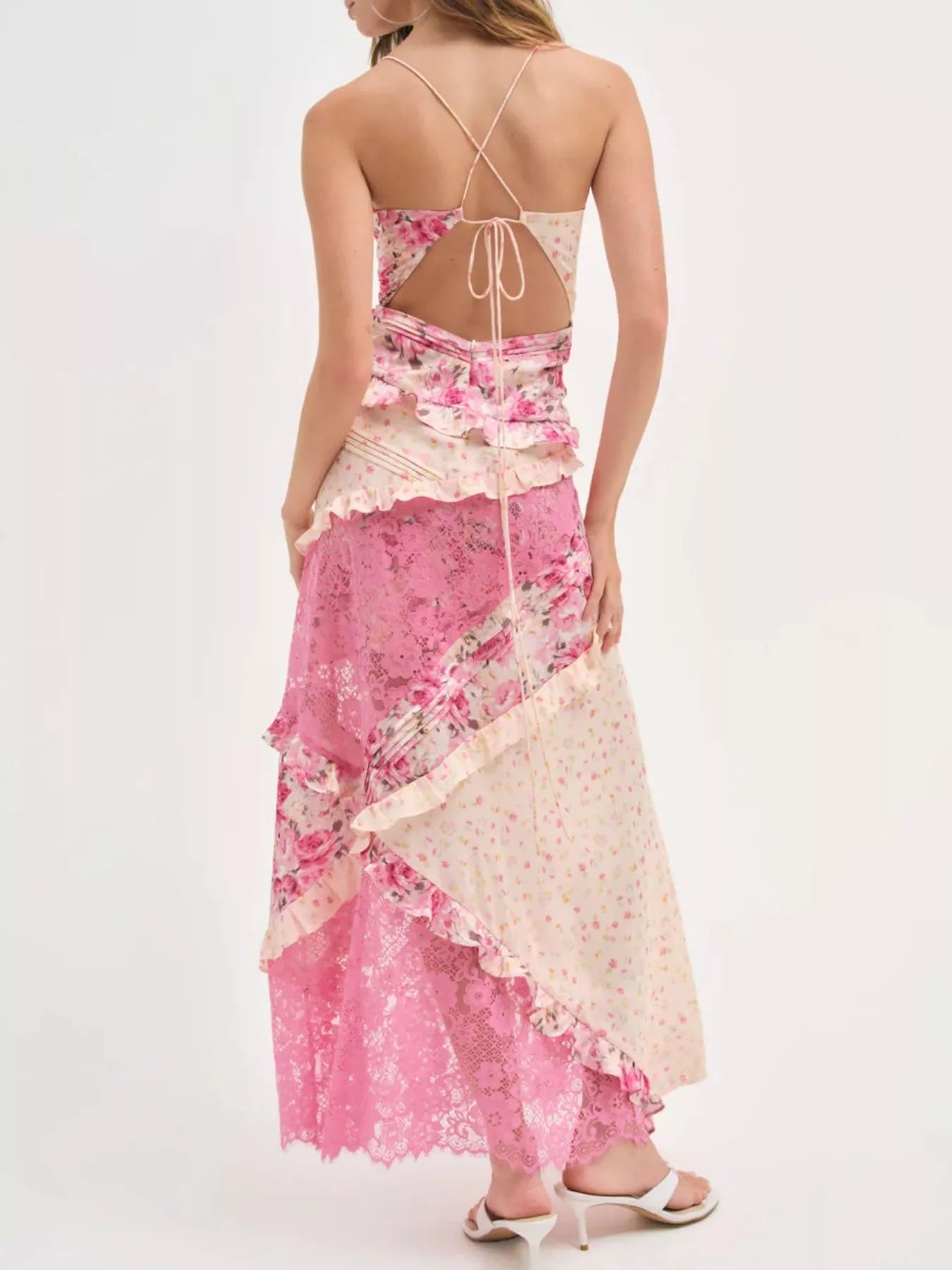 Lace Floral Print Ruffle Trim Maxi Dress