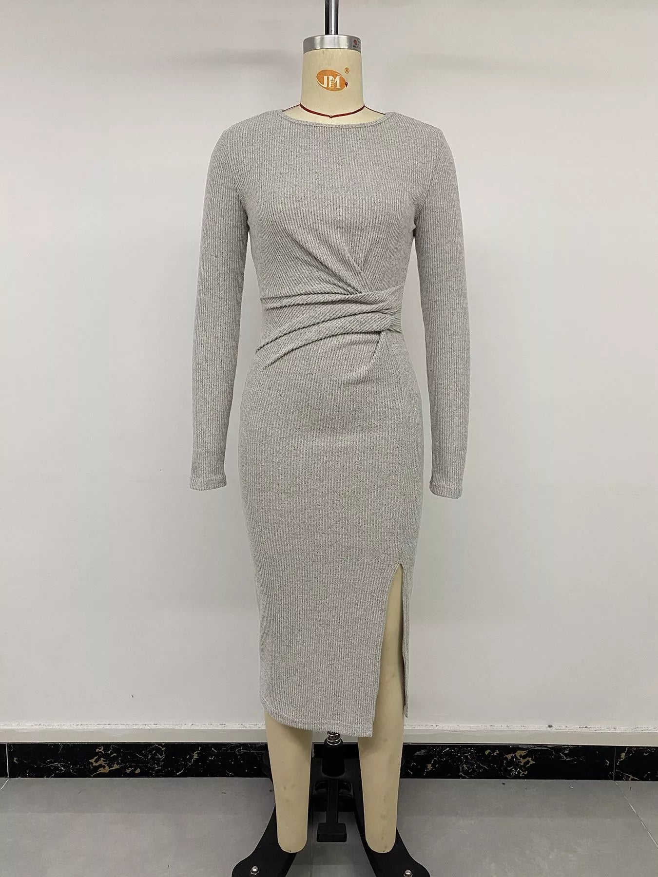 Ribbed Knit Twist Front Long Sleeve Midi Dress with Slit