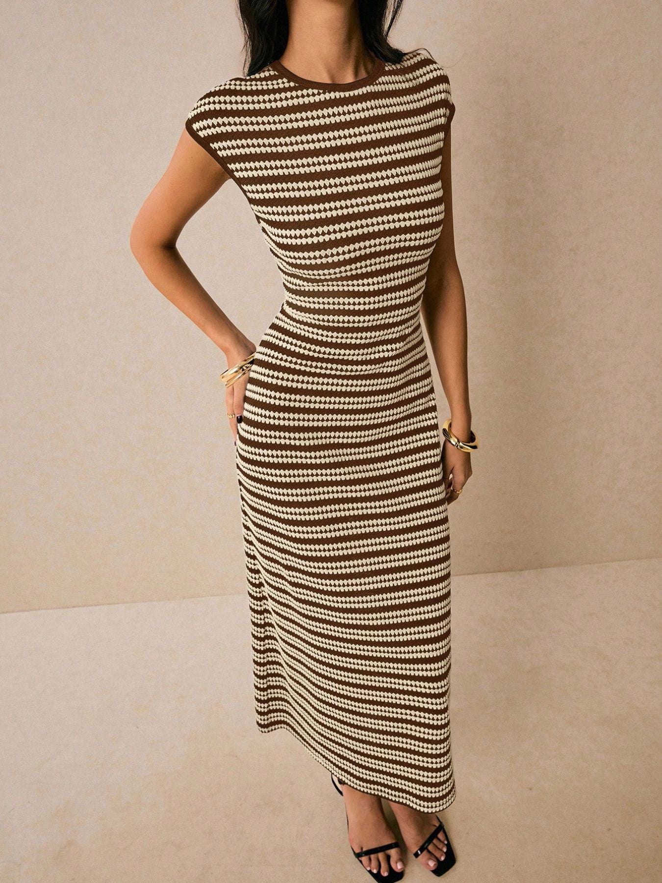 Striped Cap Sleeve Bodycon Midi Dress