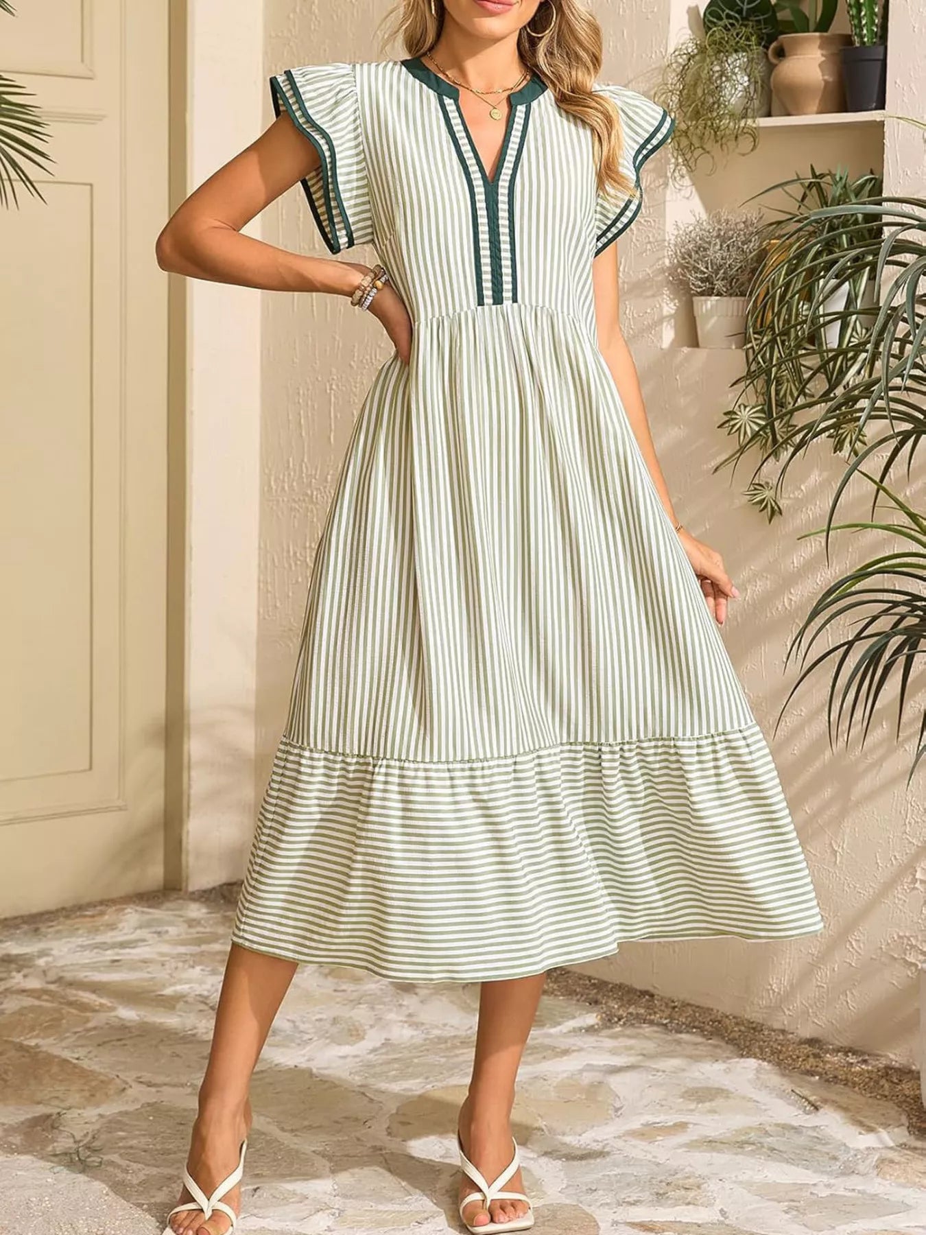 Striped Ruffle Sleeve Midi Dress