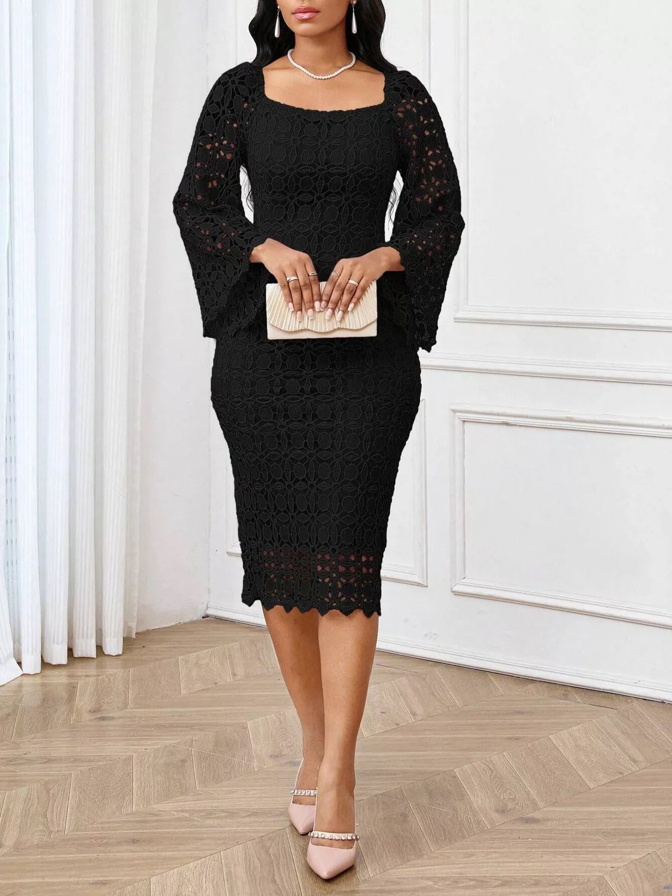 Lace Square Neck Midi Dress
