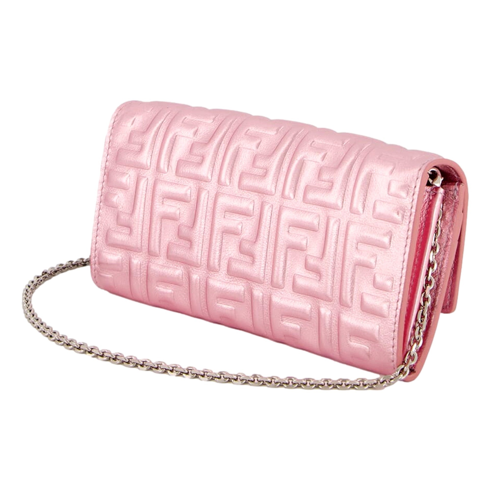 Fendi Baguette Wallet on Chain Metallic Pink FF Embossed Crossbody Bag