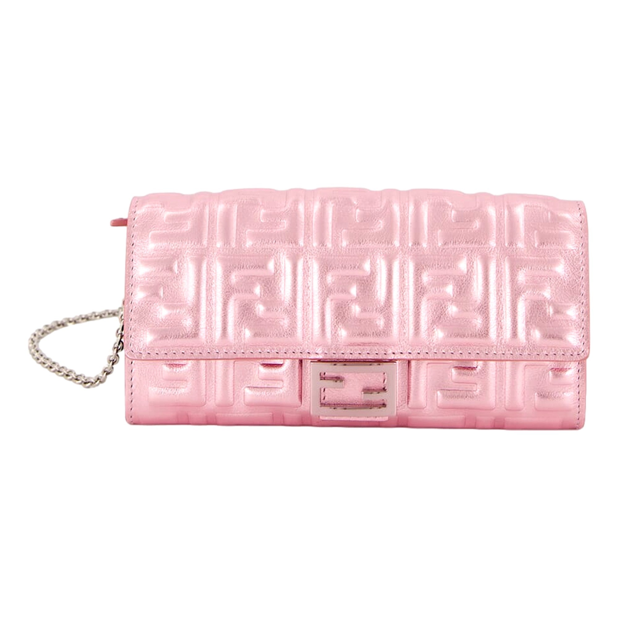 Fendi Baguette Wallet on Chain Metallic Pink FF Embossed Crossbody Bag