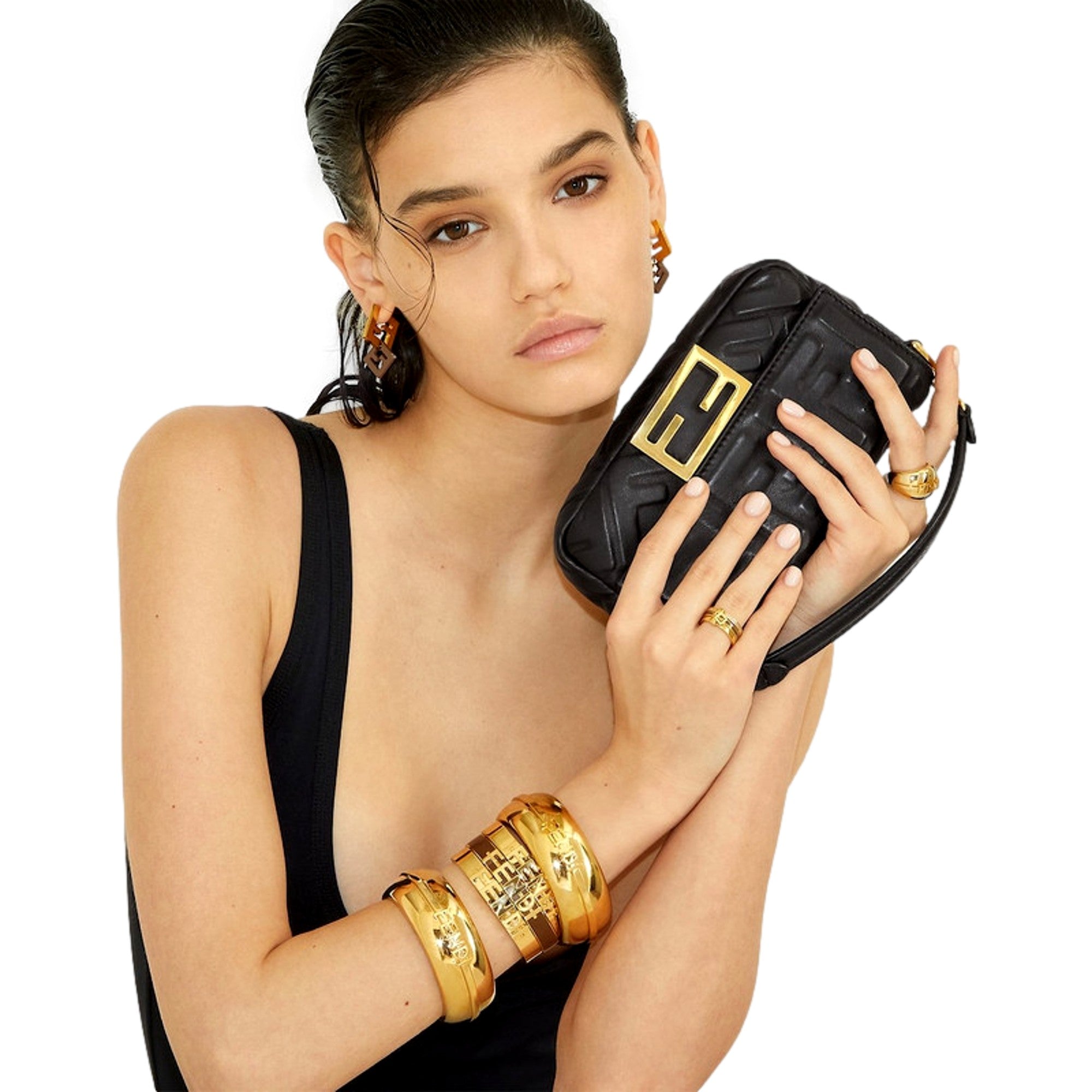 Fendi Fendigraphy Gold Tone Wide Logo Bangle Bracelet