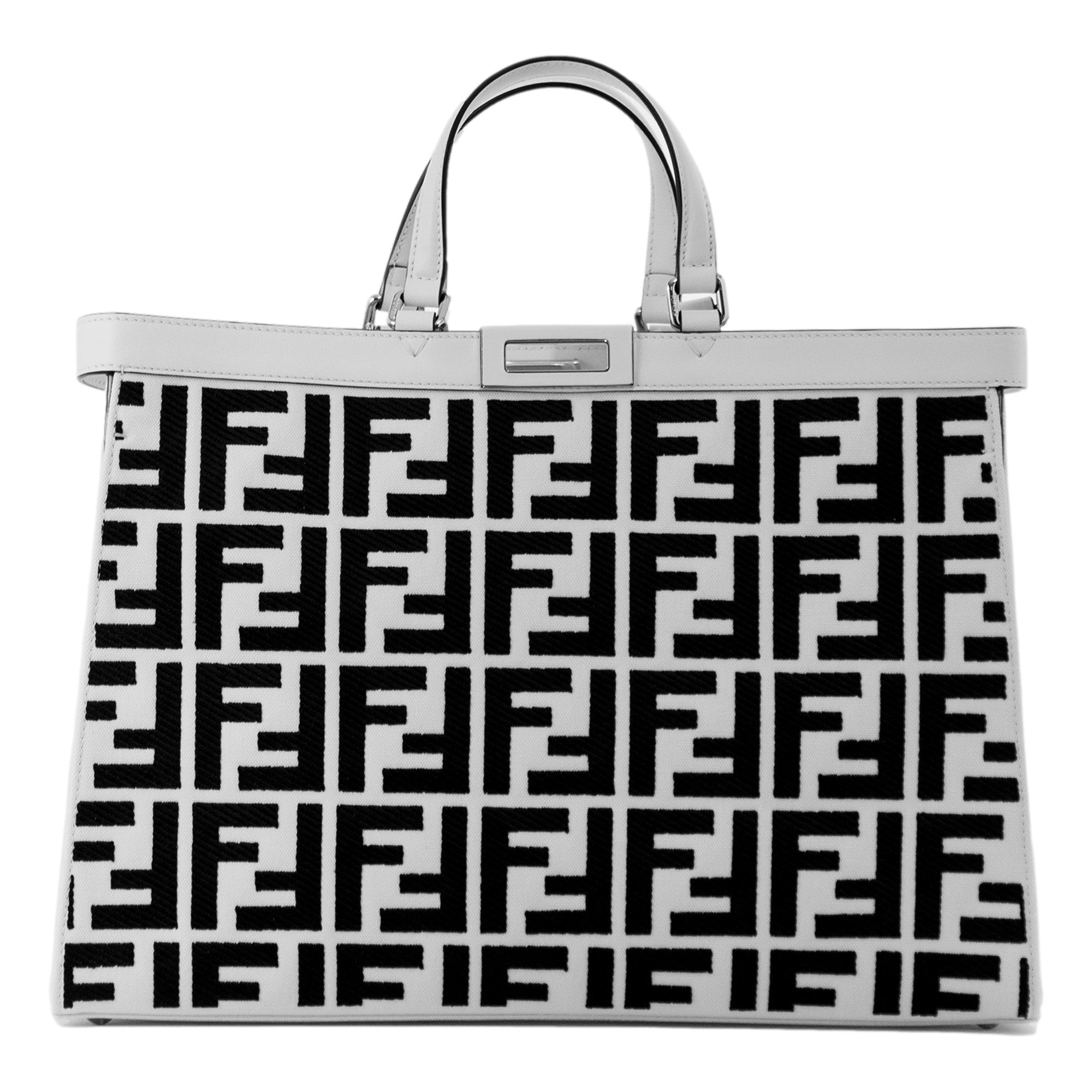 Fendi FF Canvas X-Tote Bag Black White Leather Trim Turn Lock