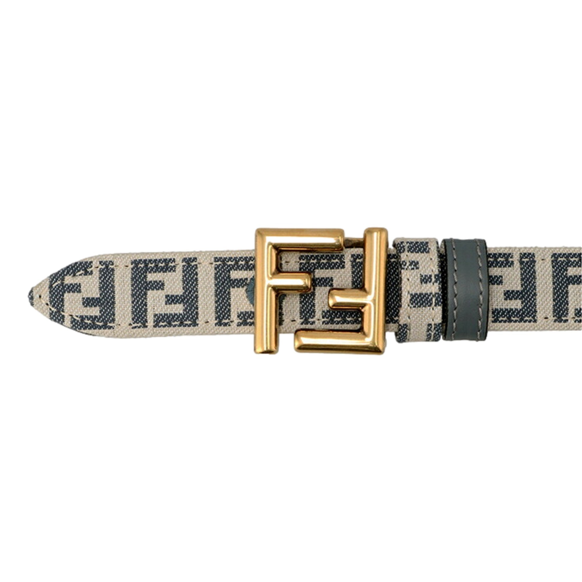 Fendi FF Denim Blue and White Reversible Belt with Gold Buckle 95