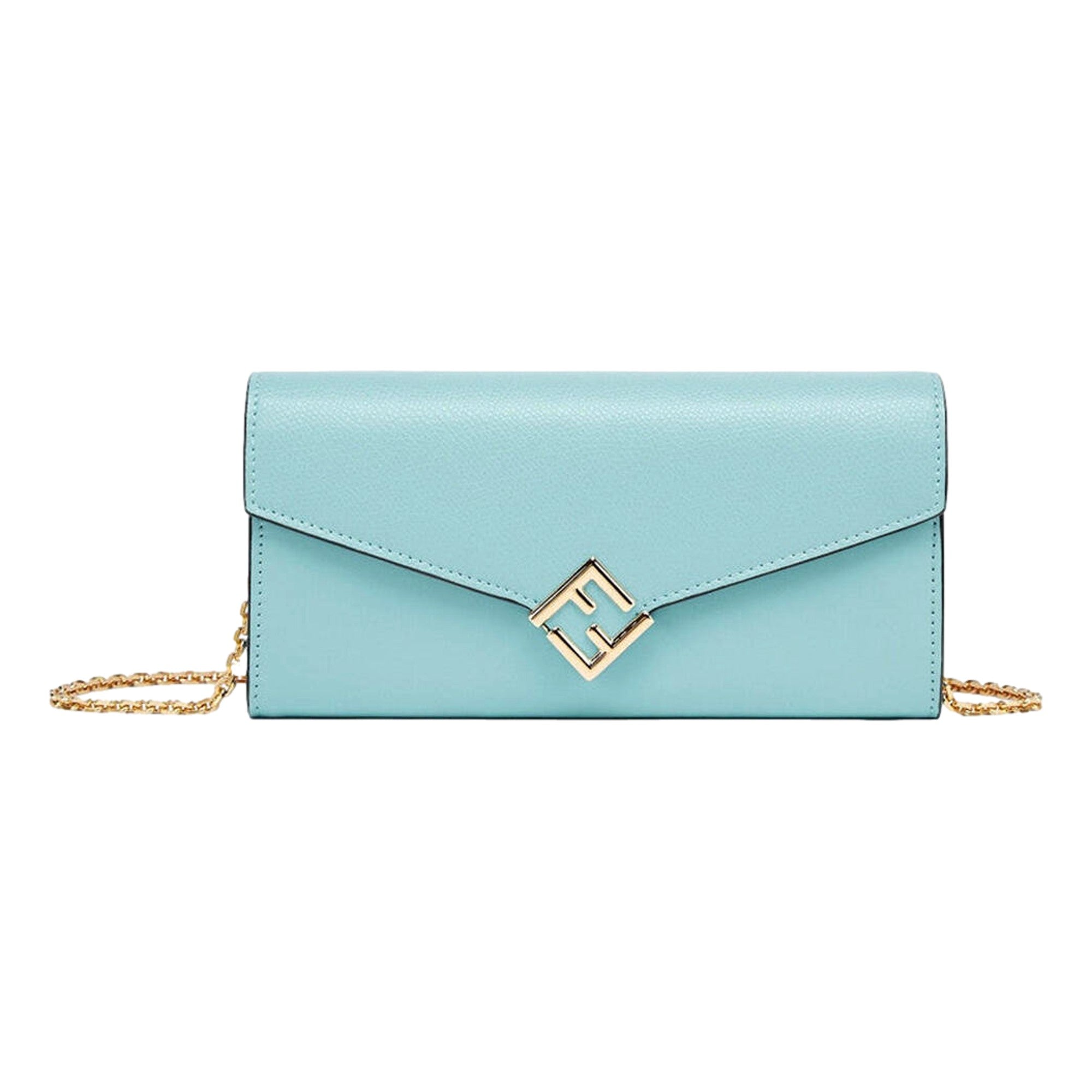 Fendi FF Diamonds Light Blue Calfskin Leather Continental Wallet on Chain Gold Hardware