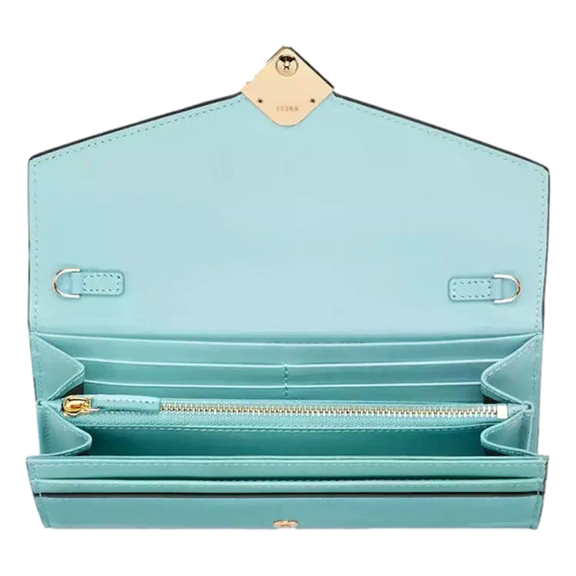 Fendi FF Diamonds Light Blue Calfskin Leather Continental Wallet on Chain Gold Hardware