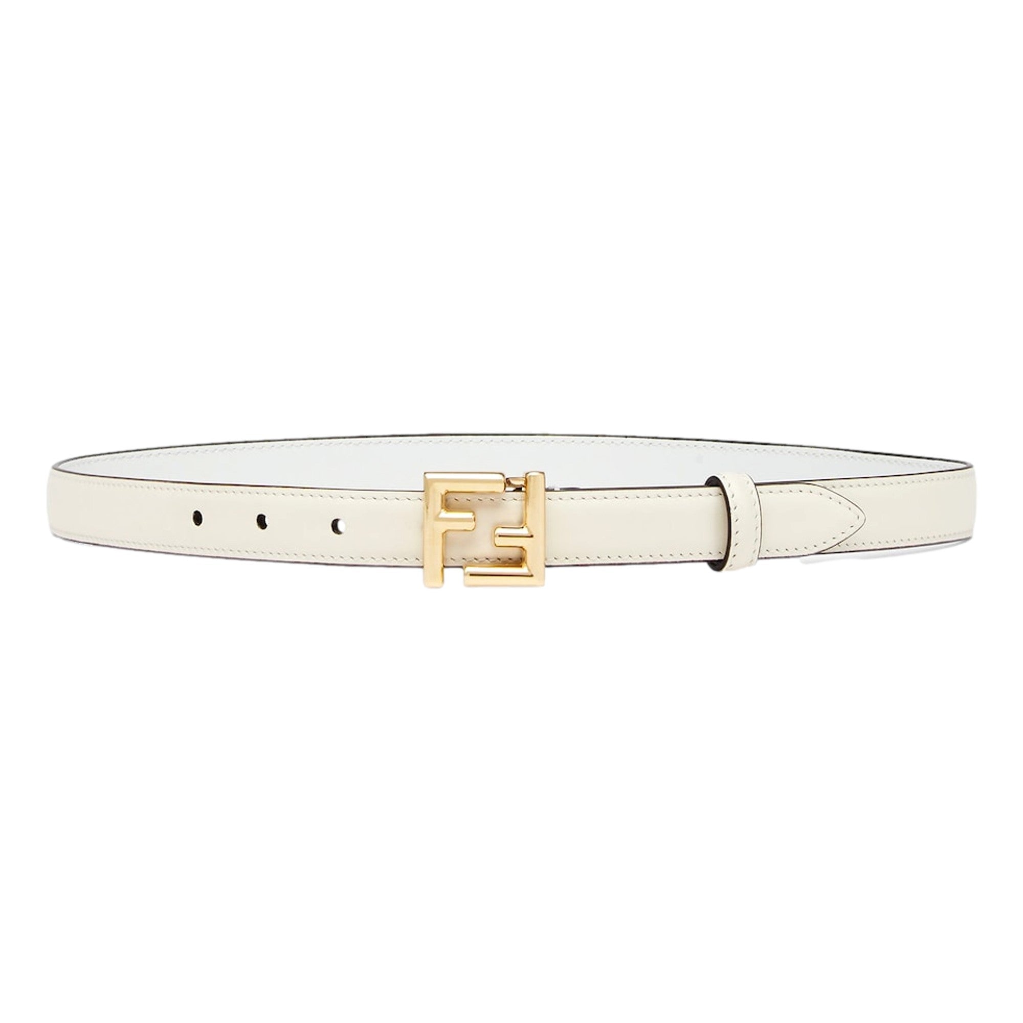 Fendi FF Logo Gold Tone Buckle White Leather Skinny Belt 80