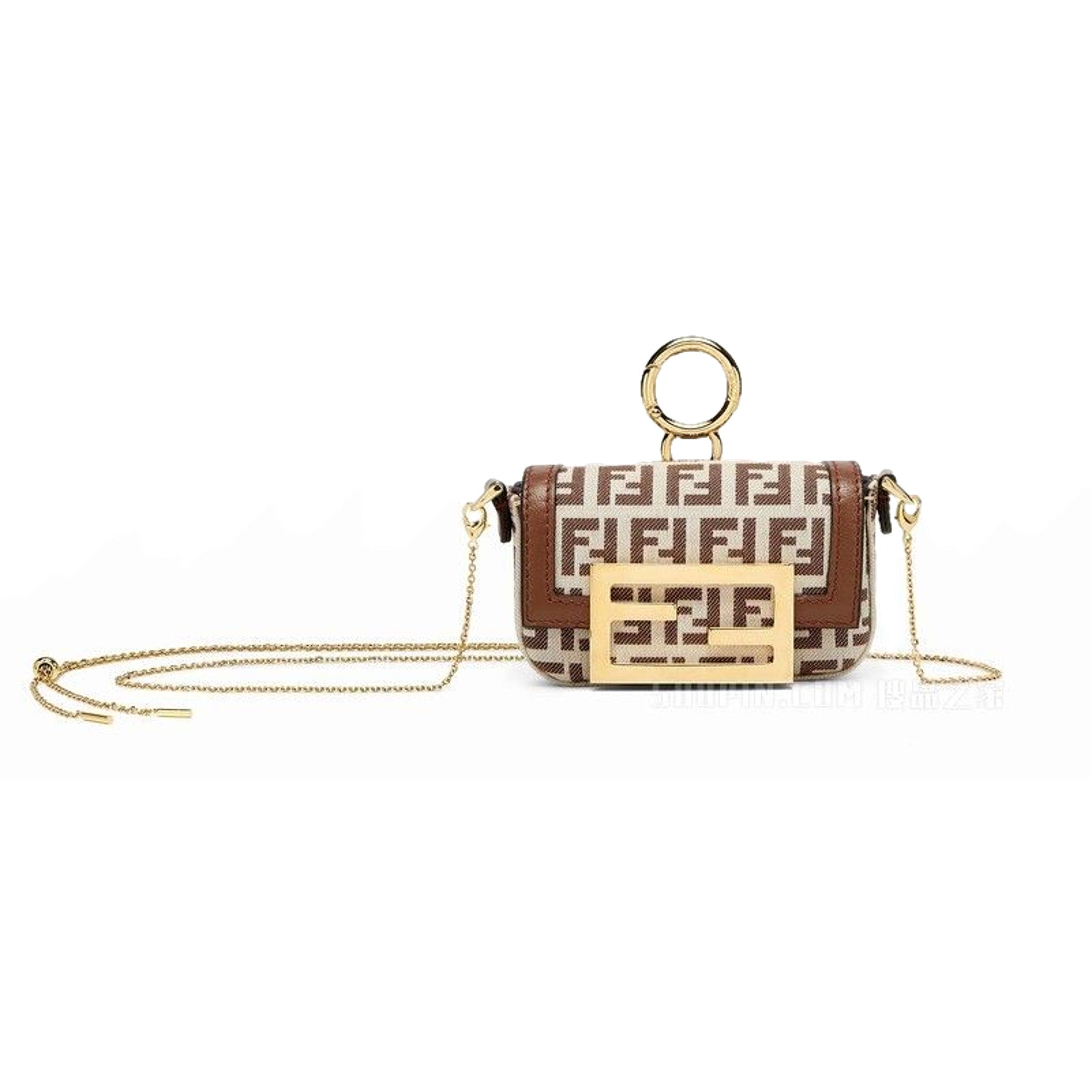 Fendi FF Canvas Nano Baguette Charm Crossbody Bag Brown White Gold Hardware