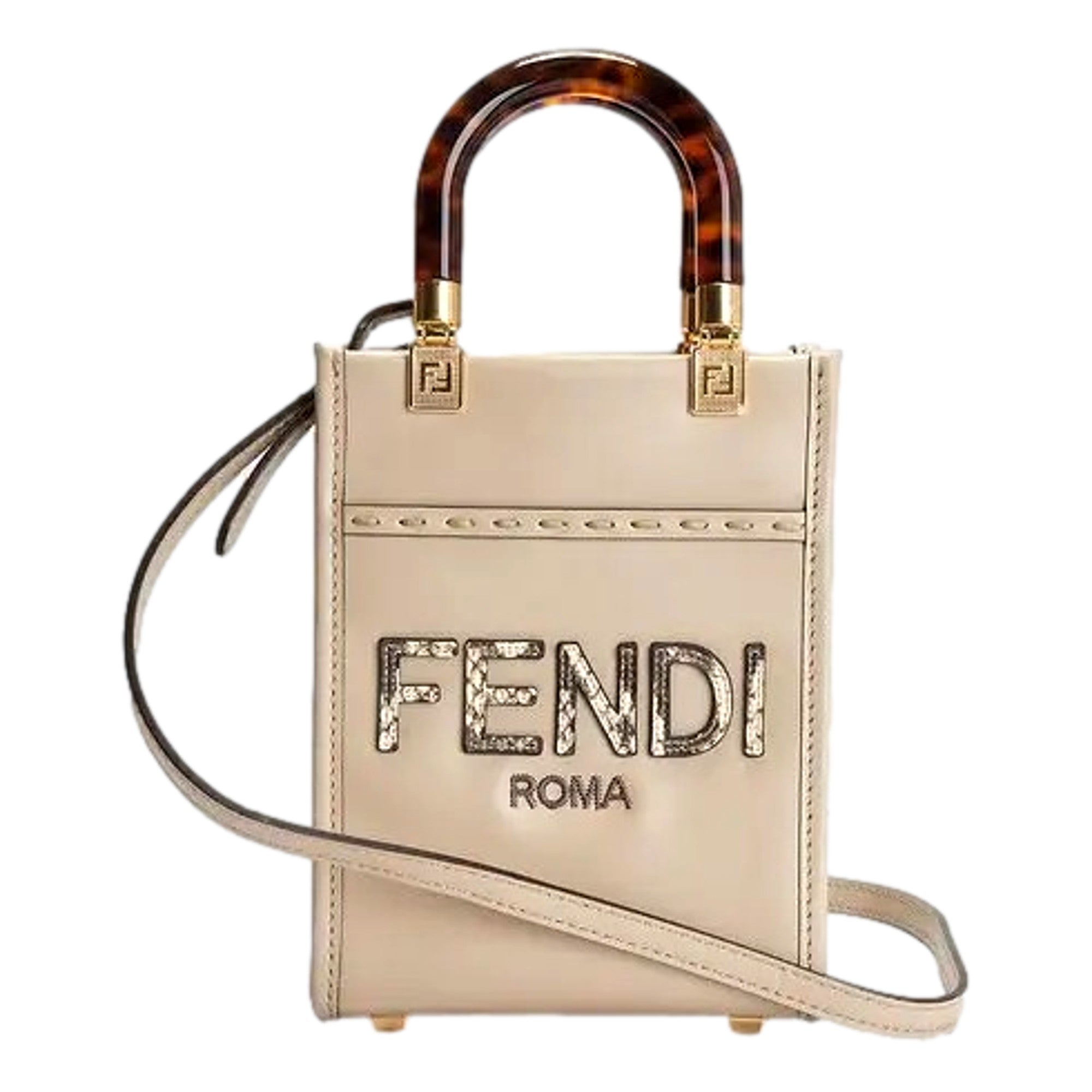 Fendi Mini Sunshine Shopper Tote Crossbody Nude Calfskin Snake Print