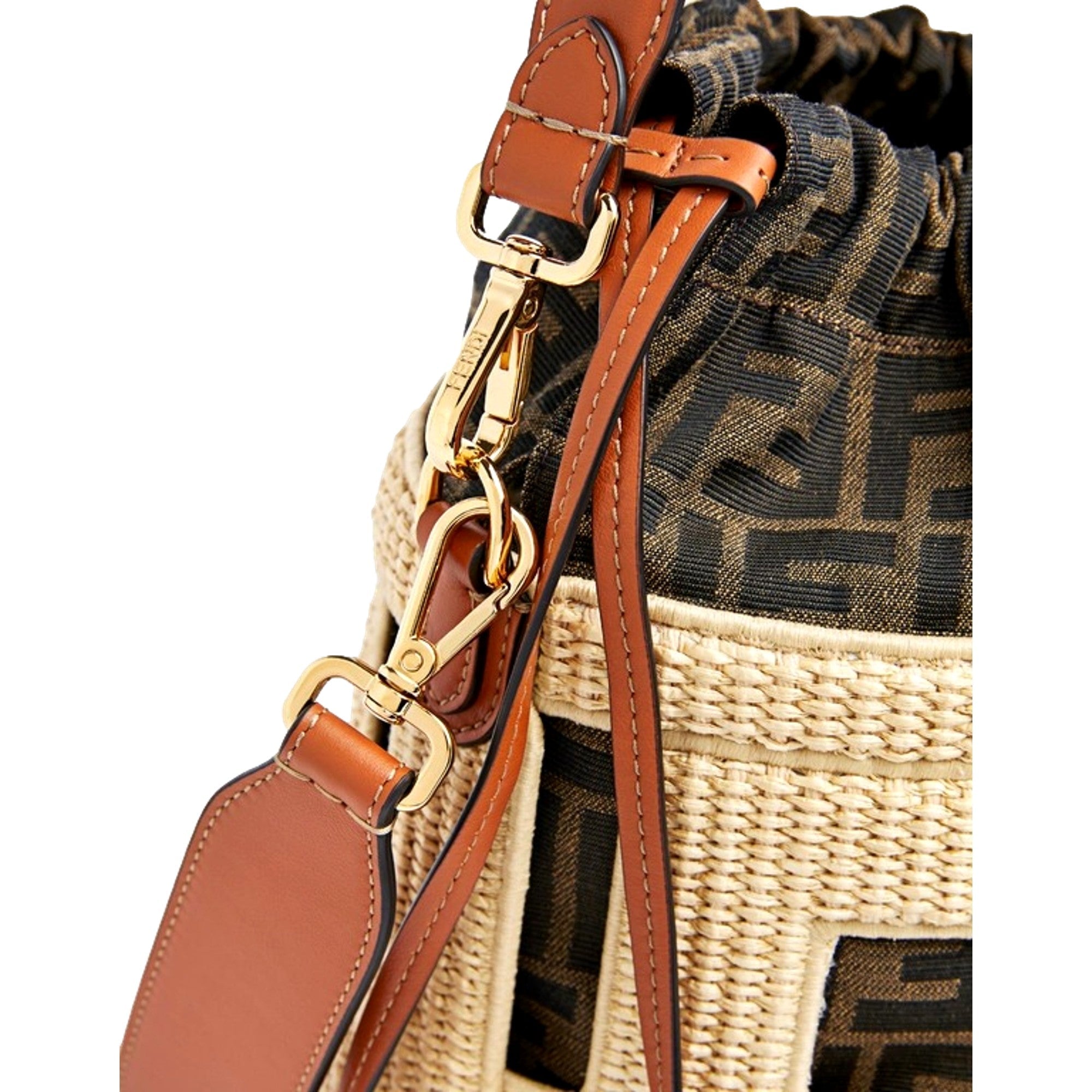 Fendi Step Out Straw and Canvas Medium Bucket Bag FF Monogram