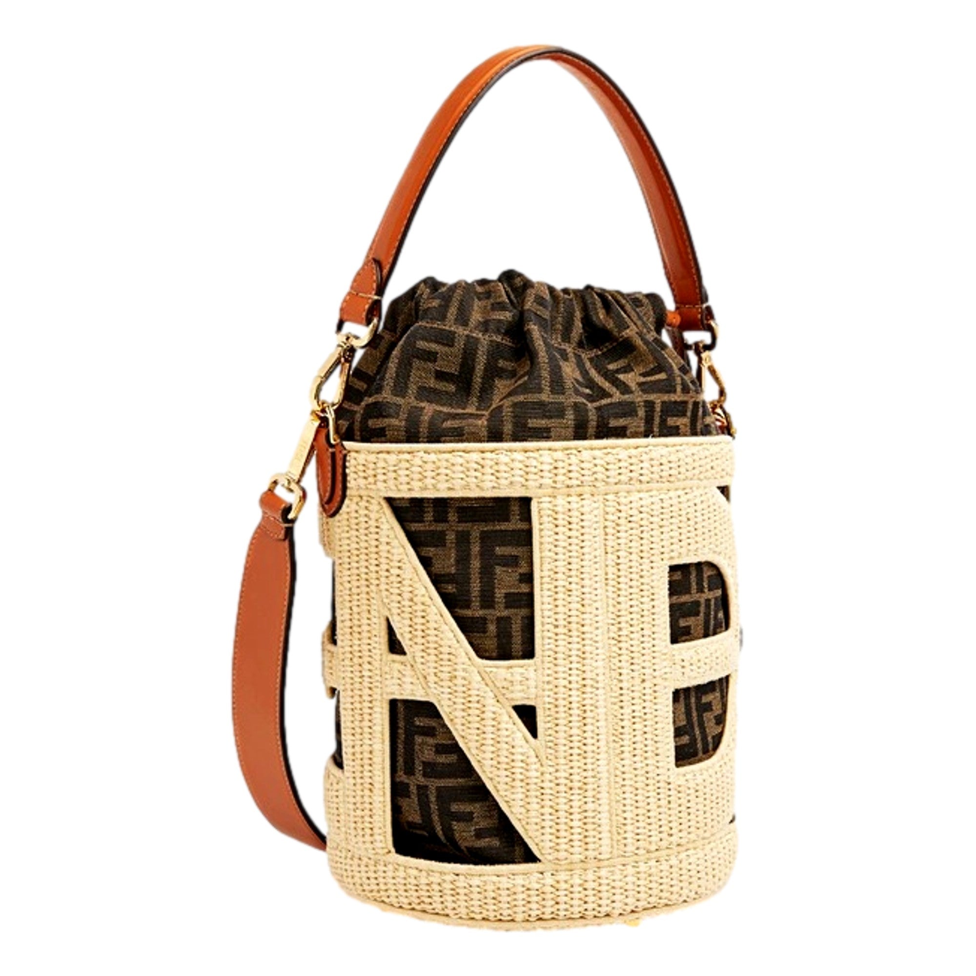 Fendi Step Out Straw and Canvas Medium Bucket Bag FF Monogram